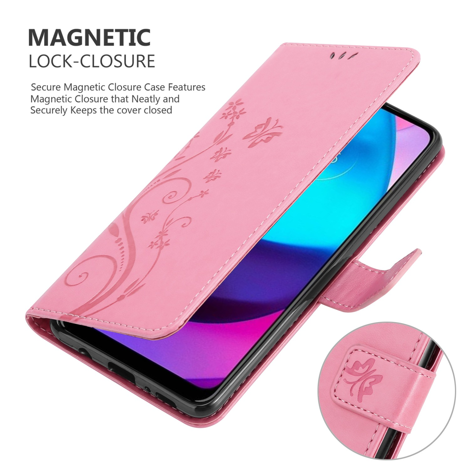 Custodia rosa per telefono con design floreale, aperta per rivelare il telefono, con chiusura magnetica.