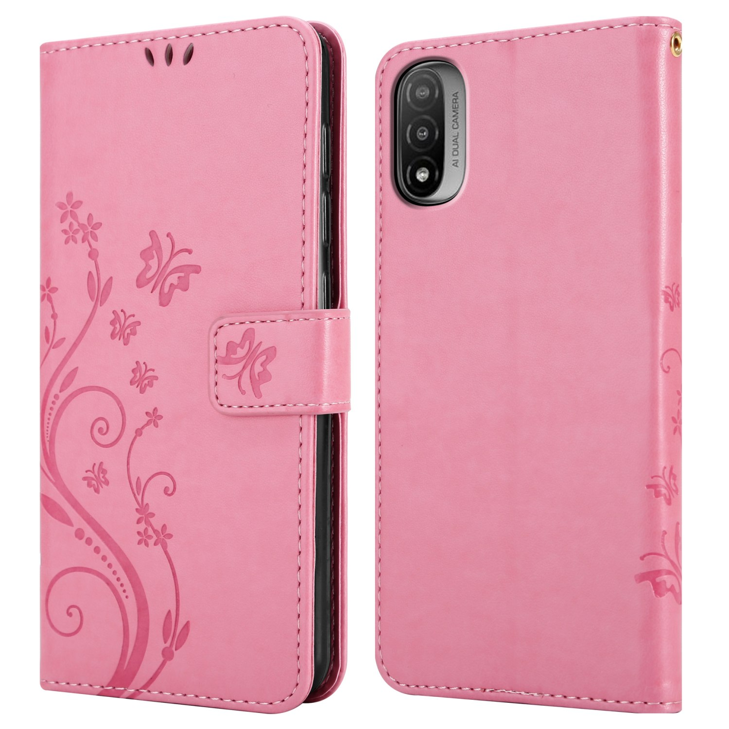 Custodia rosa per telefono con design a farfalla. Aperta, che mostra il telefono. Primo piano.