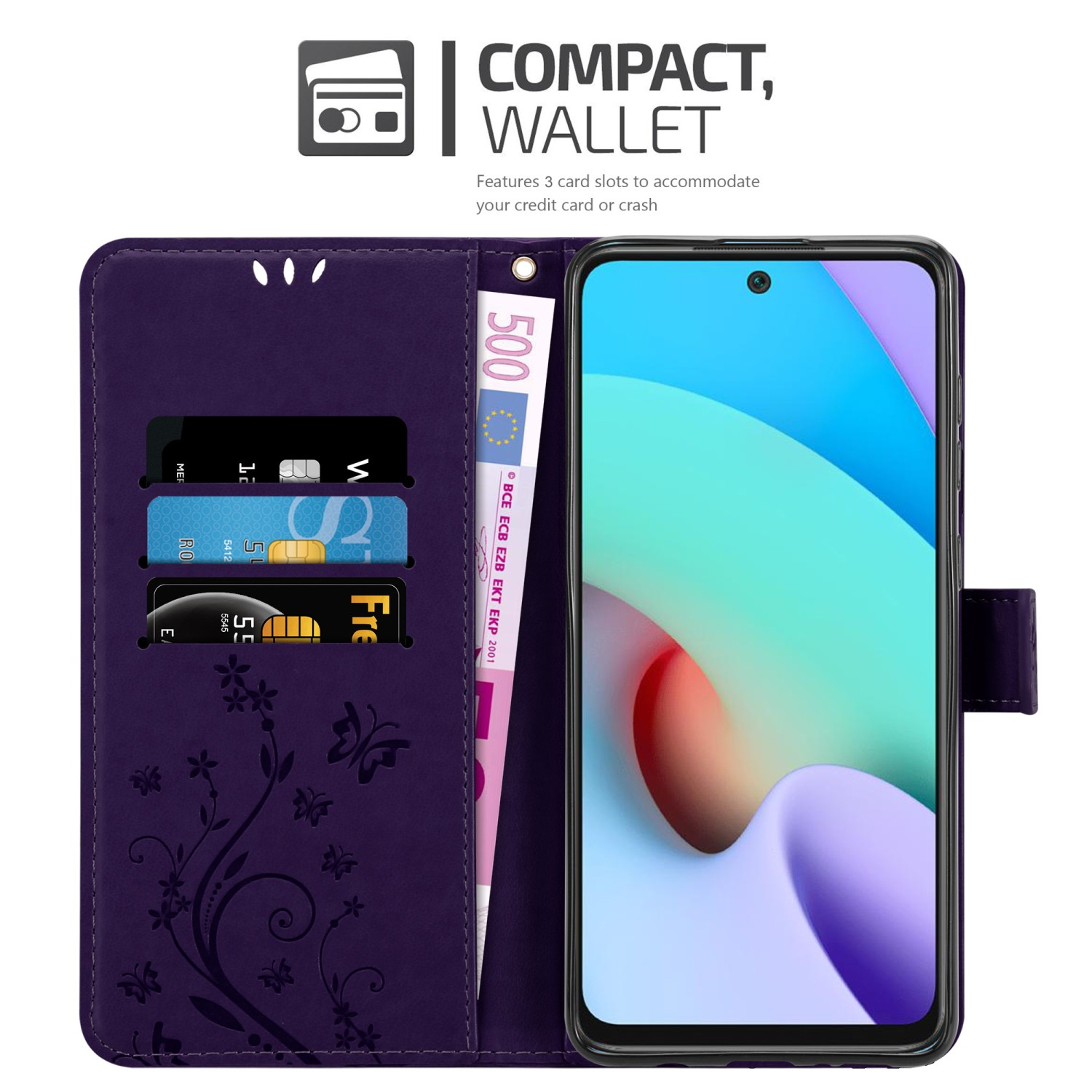 Custodia per telefono viola con telefono all'interno, che mostra fessure per carte e denaro.