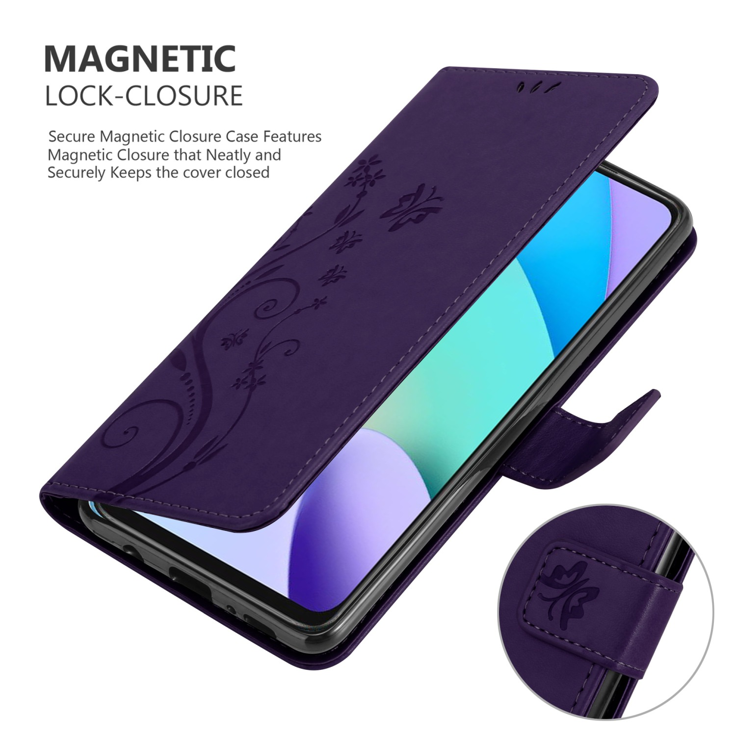 Una custodia viola aperta, che rivela un telefono. Ci sono disegni floreali sulla custodia.
