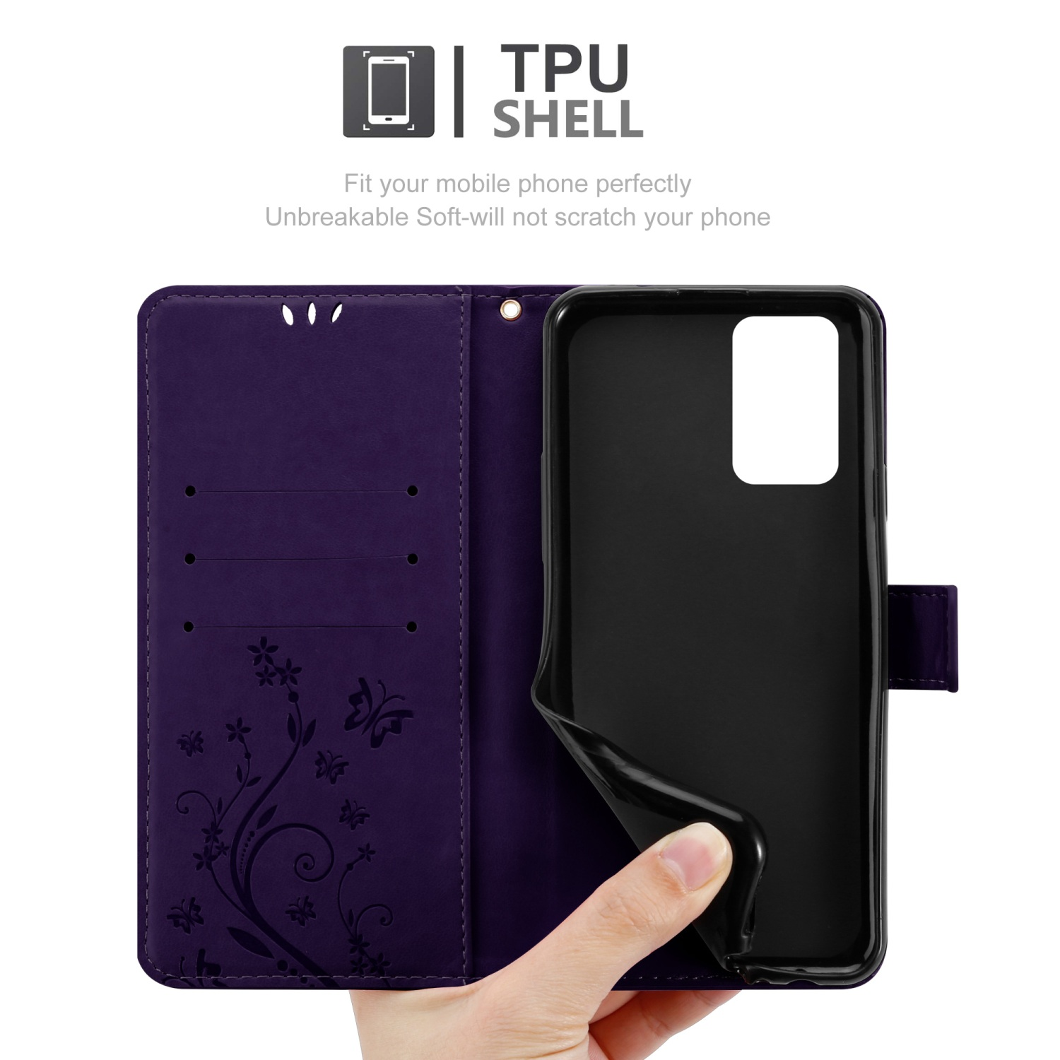 Custodia per telefono viola con design floreale e motivi a farfalla.