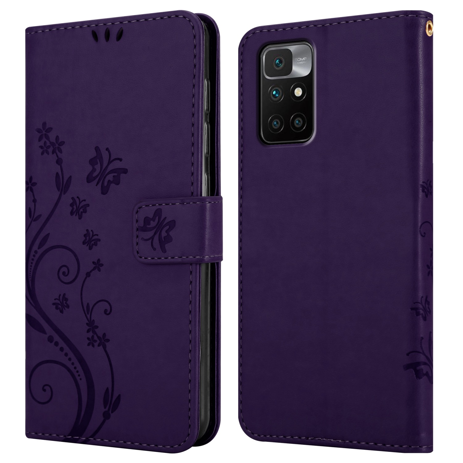 Custodia a portafoglio viola con telefono. La custodia ha un design floreale. Il telefono è nella custodia.