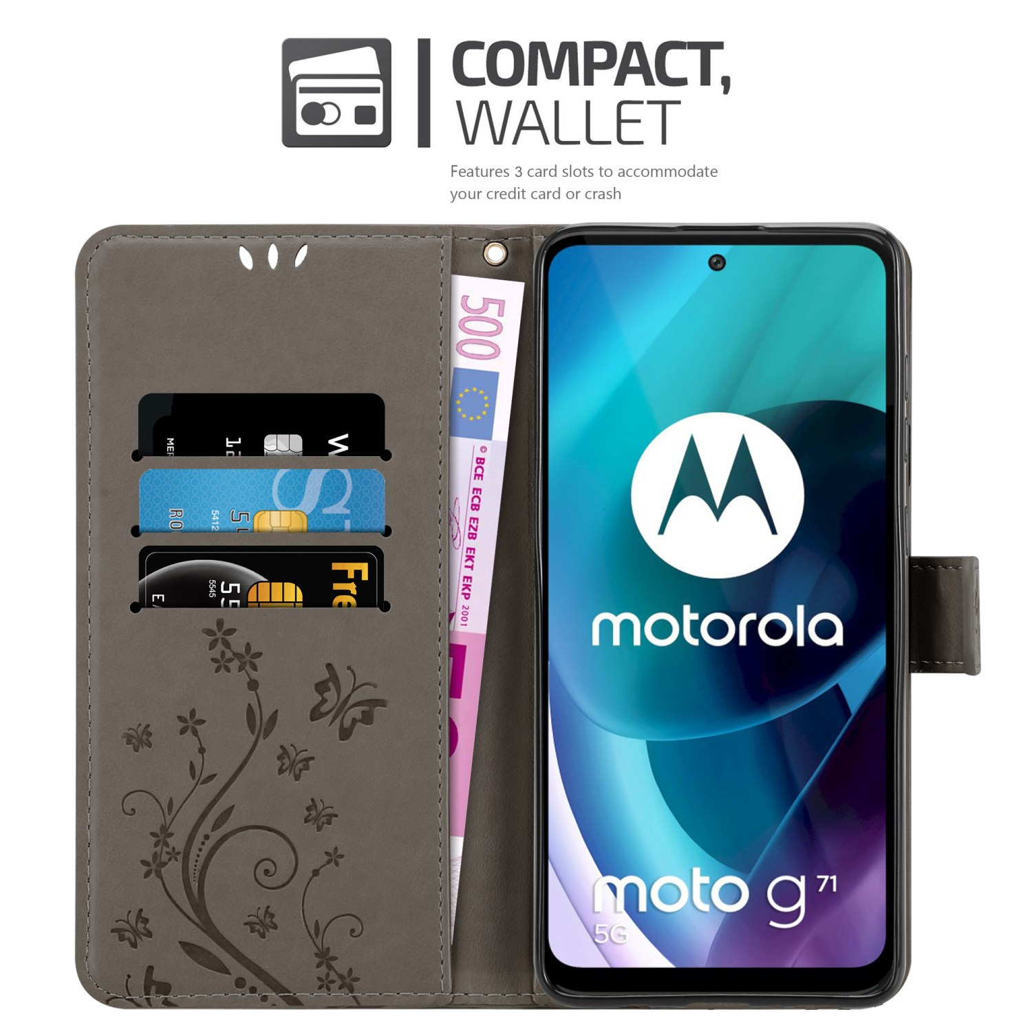 Custodia per telefono grigia aperta, con fessure per carte di credito e telefono con logo Motorola.