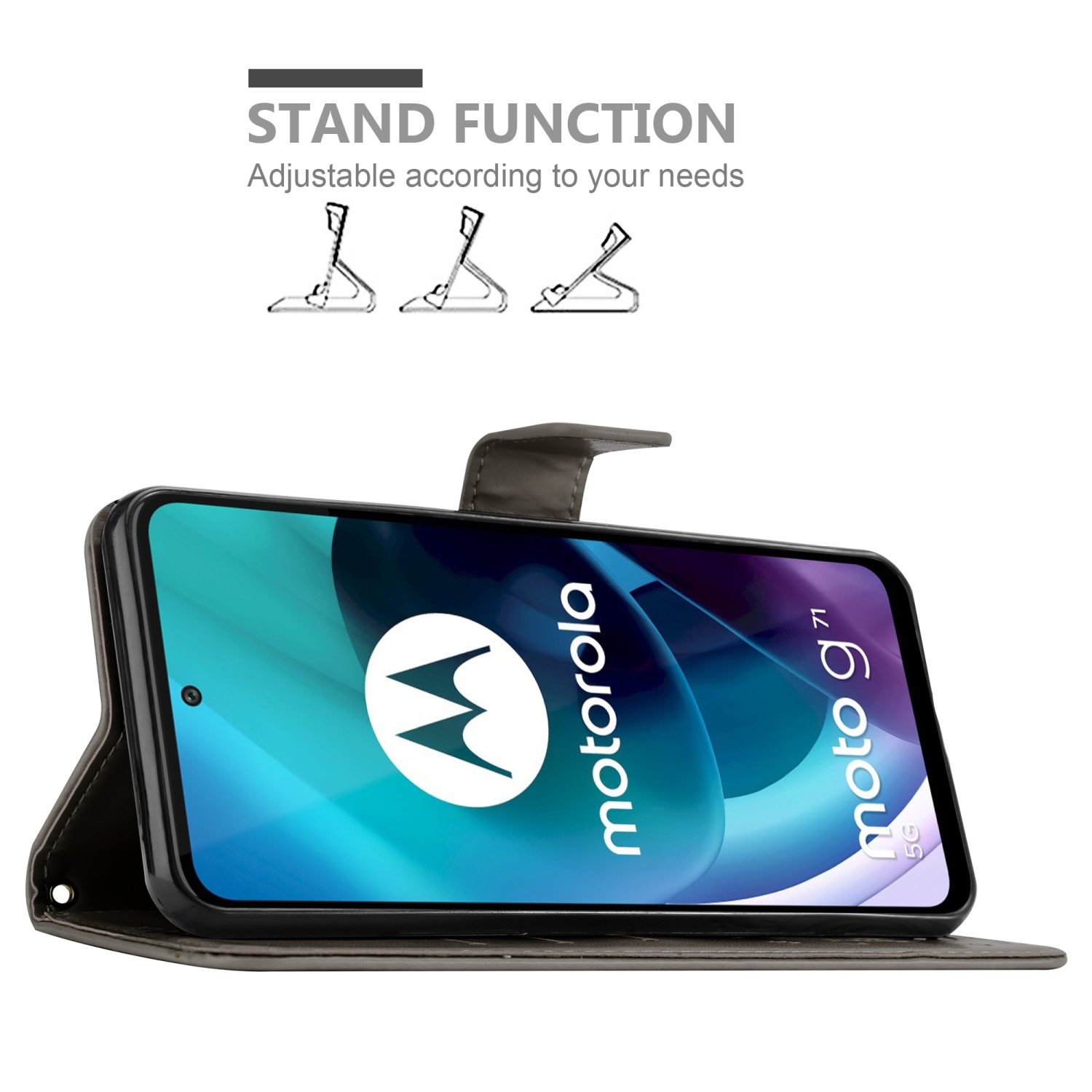 Un telefono Motorola in una custodia a libro, con funzione stand e logo sullo schermo.