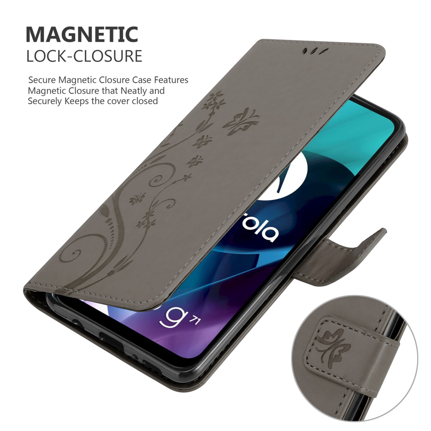 Una custodia per telefono grigia con un design floreale e una chiusura magnetica.