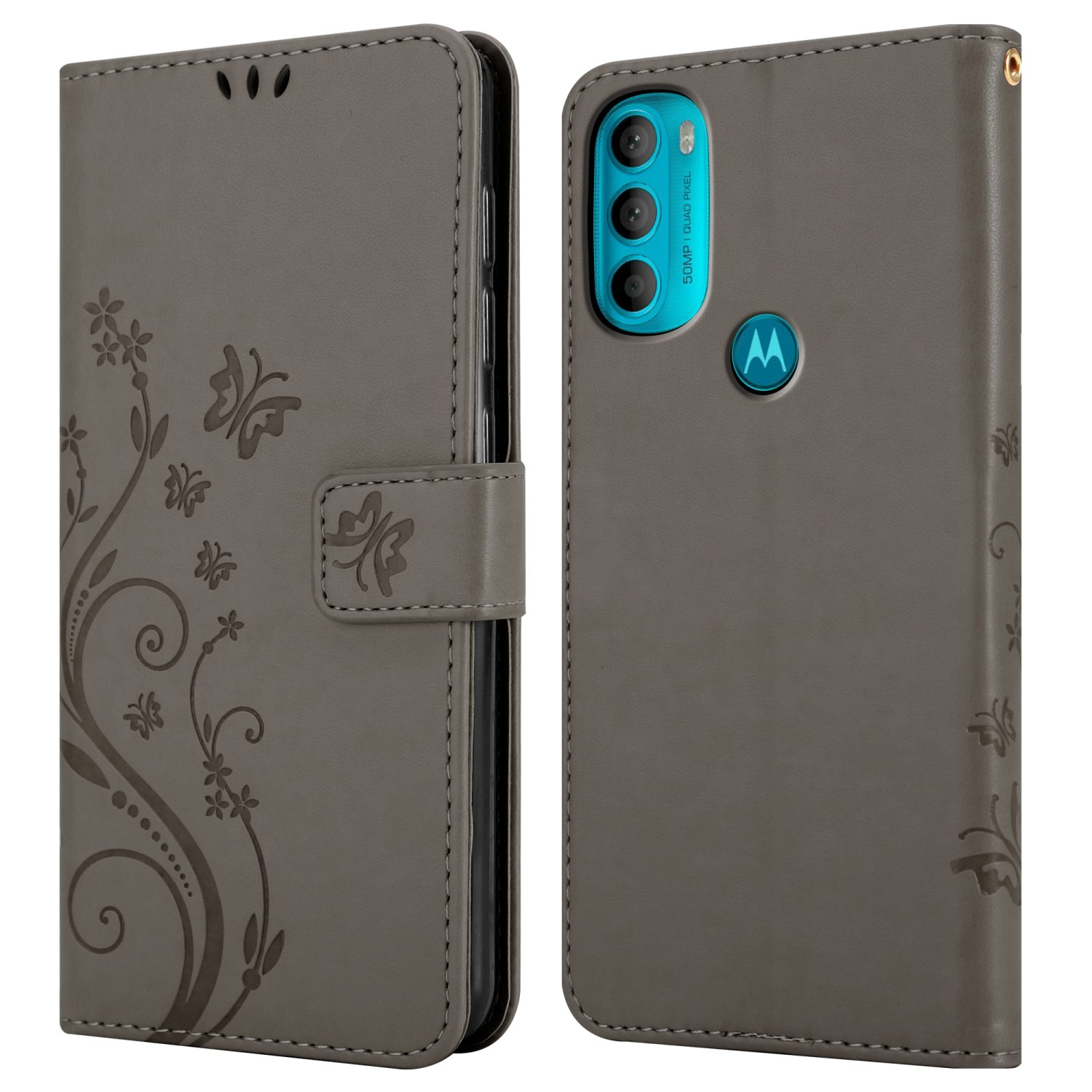 Una custodia per telefono in pelle grigia con un design a farfalla. È aperta e chiusa.
