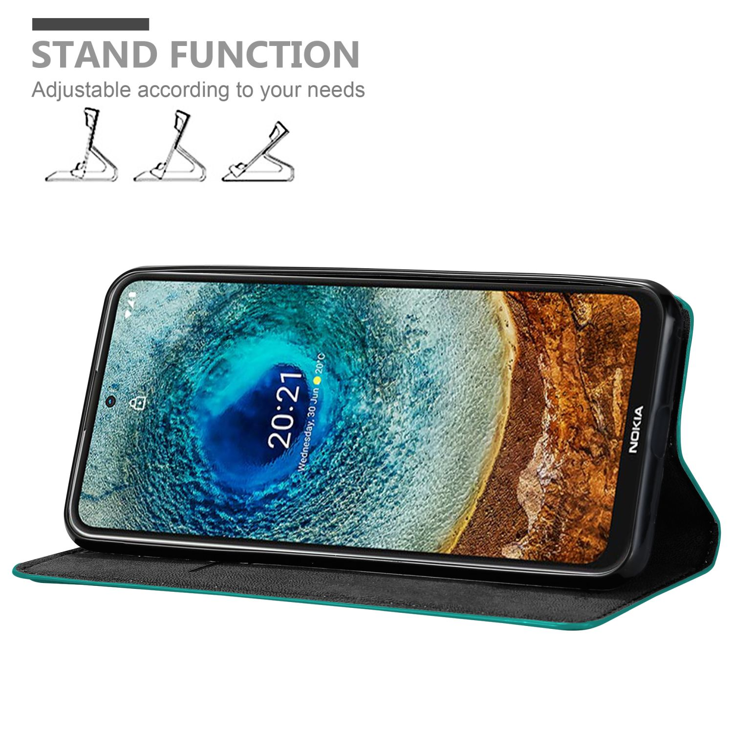 Telefon in türkisfarbenem Case, offen, aufgestellt. Text: Standfunktion, einstellbar. Telefon zeigt Uhr.