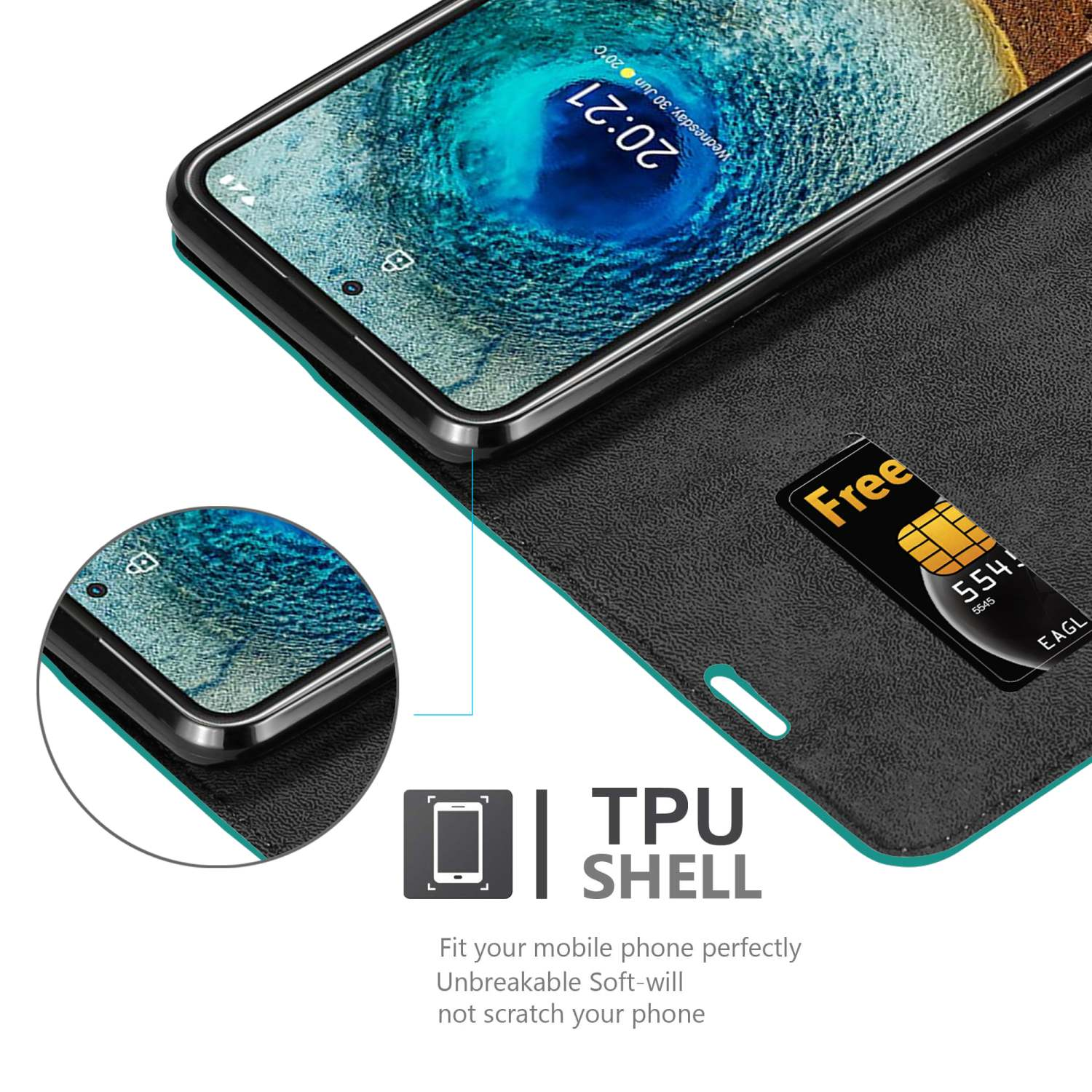 Telefon mit Bildschirm. TPU-Schale, offen. Kostenlose SIM-Karte innen sichtbar.
