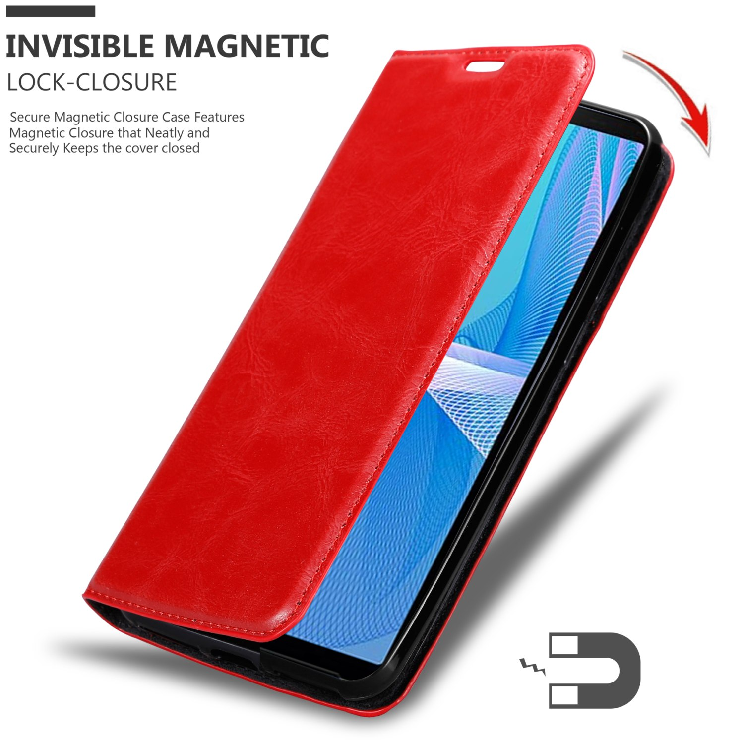 Custodia rossa del telefono aperta, che rivela lo schermo. Testo in alto: 'Invisible Magnetic Lock-Closure'.