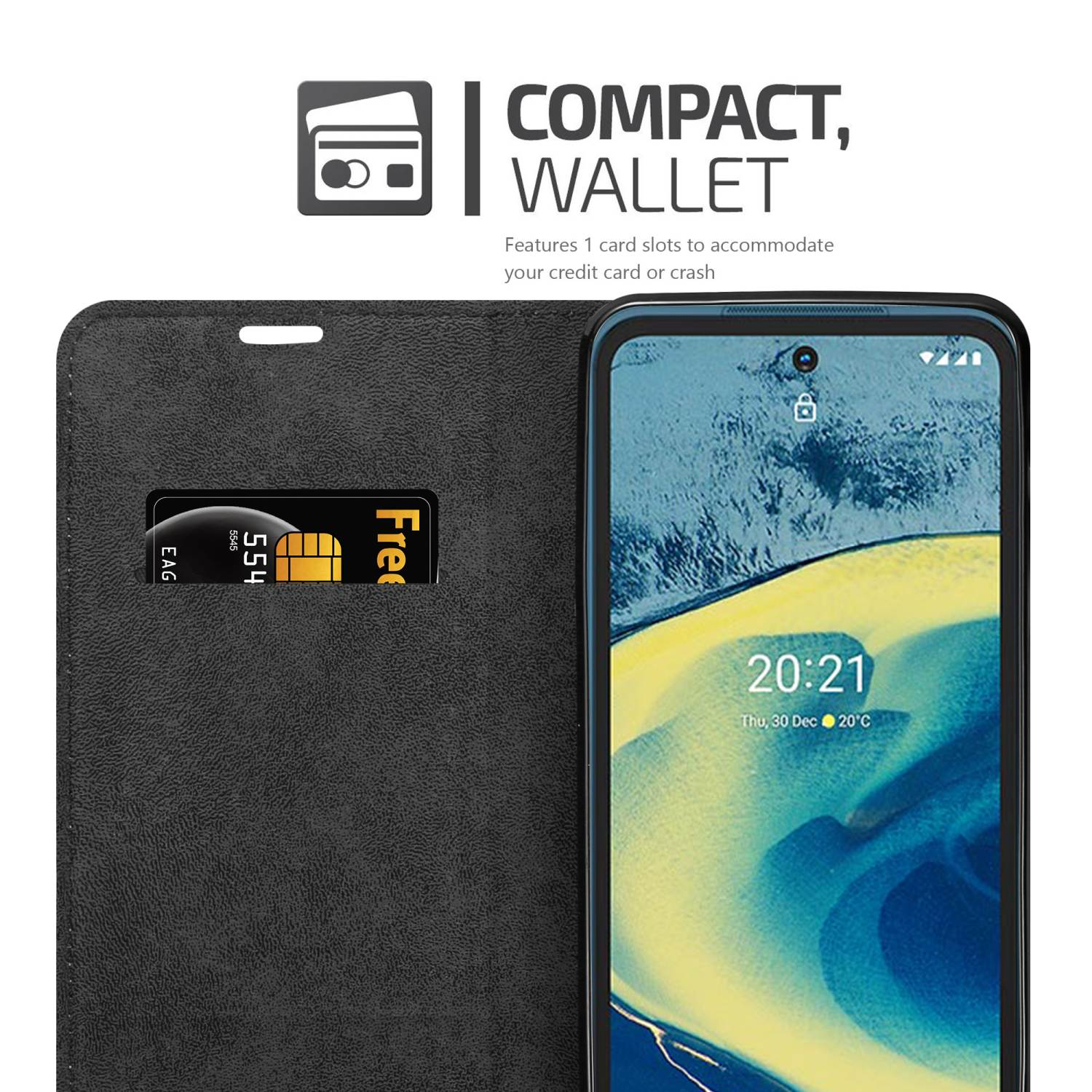 Custodia per telefono nera, stile portafoglio, con telefono dentro e carta di credito in uno slot.