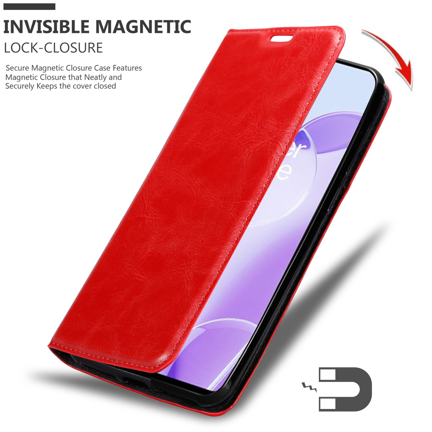 Custodia rossa per telefono con coperchio aperto. Testo: Chiusura magnetica invisibile. Schermo visibile.