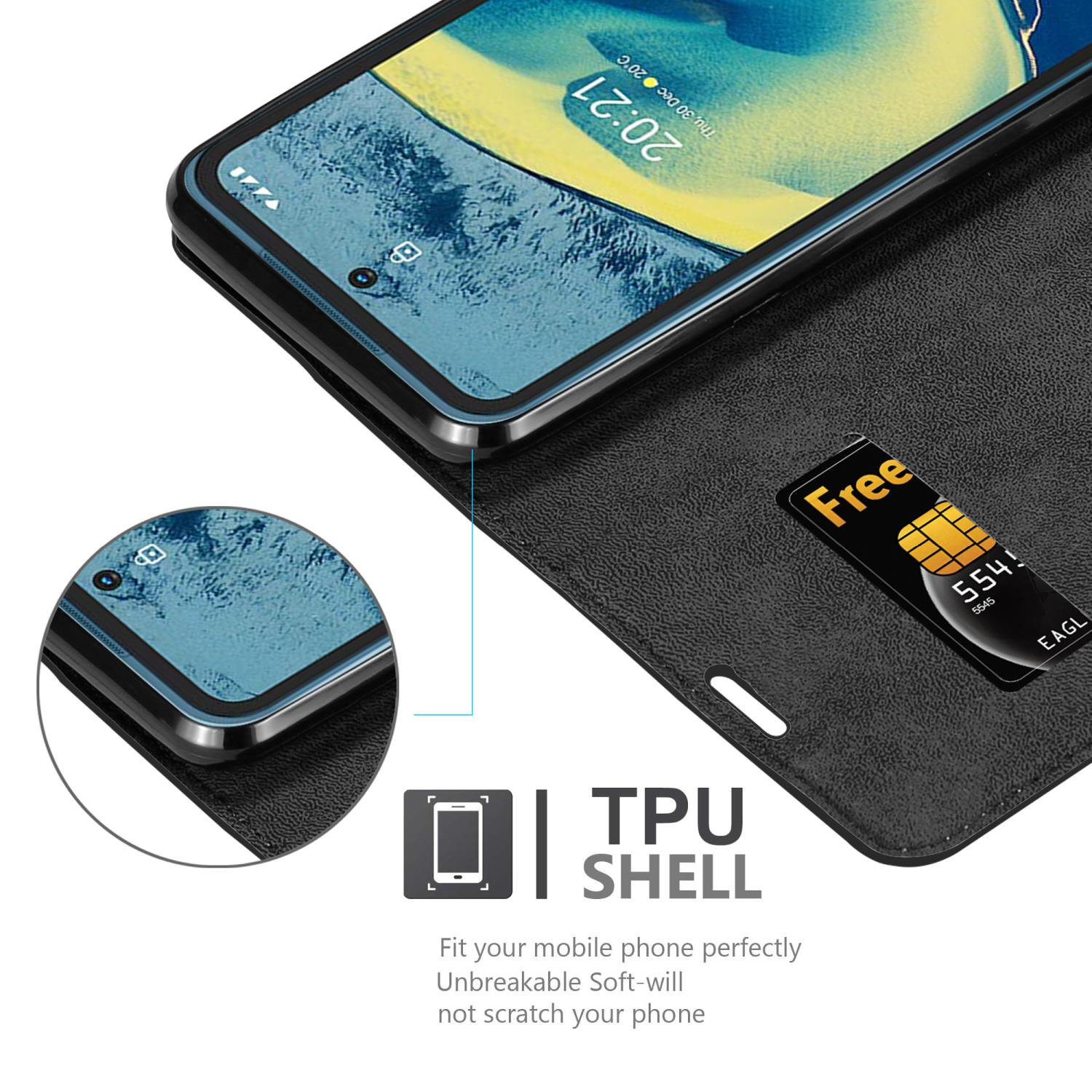 Telefono all'interno di una custodia a guscio in TPU nera con una carta. Testo: Guscio in TPU. Adatta perfettamente il tuo telefono.