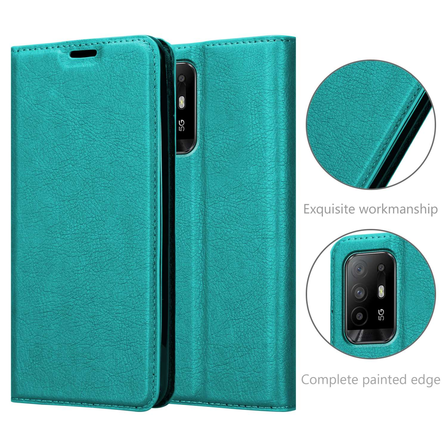 Una custodia per telefono color teal, aperta, che mostra un telefono con tripla fotocamera e un bordo dettagliato.