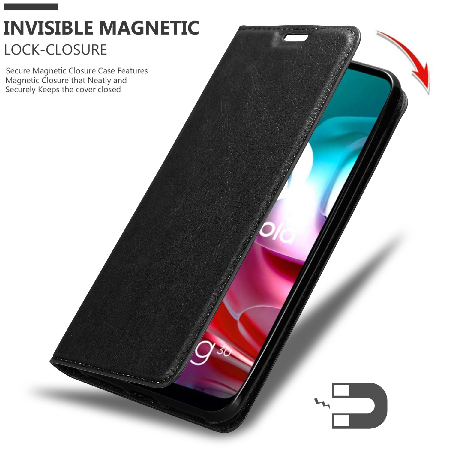 Eine schwarze Handyhülle, teilweise geöffnet, zeigt ein Telefon. Text: 'Unsichtbarer Magnetverschluss'.