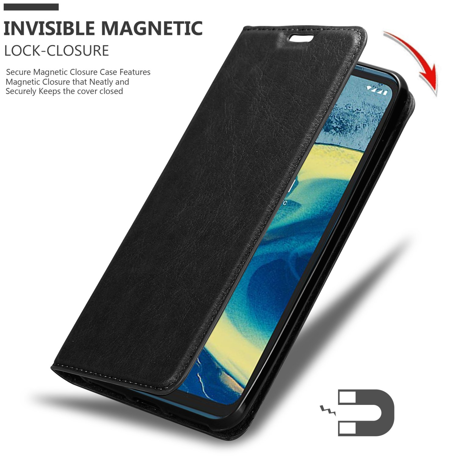 Una custodia per telefono nera con chiusura magnetica, che mostra un telefono all'interno.
