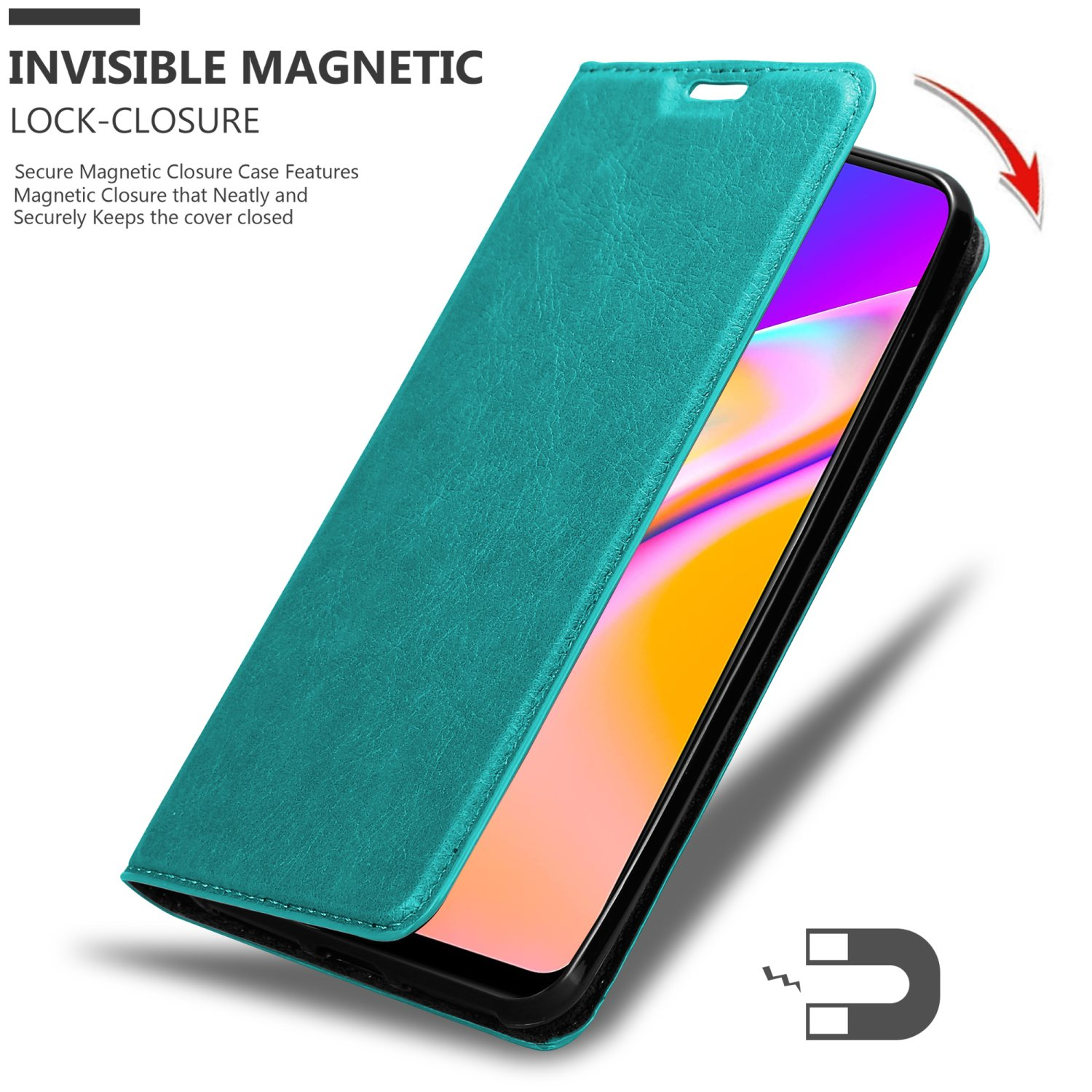Custodia per telefono turchese, aperta, che mostra lo schermo con un design floreale e chiusura magnetica.