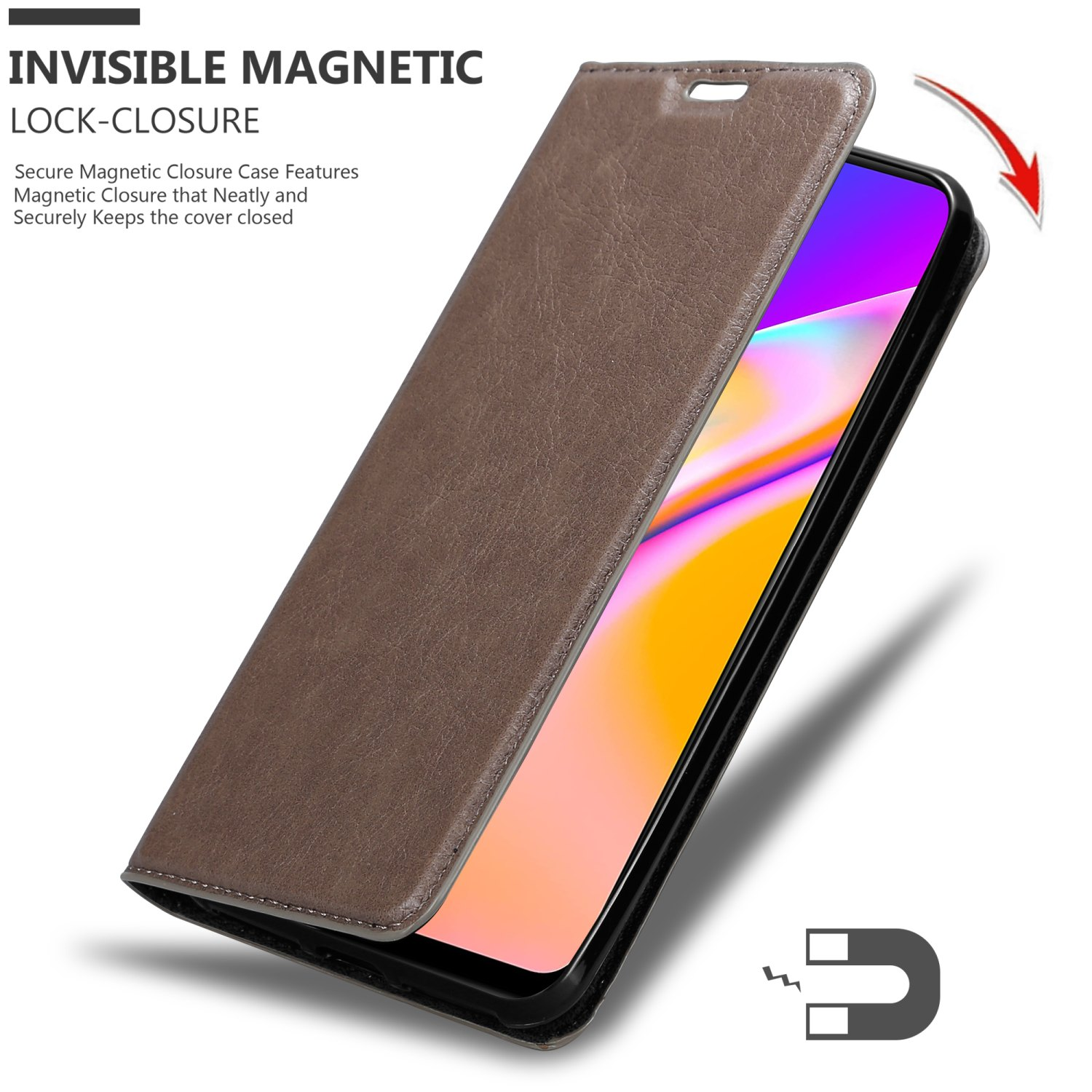 Eine braune Handyhülle ist geöffnet und zeigt ein Telefon und einen Magnetverschluss. Text: Unsichtbarer Magnetverschluss.