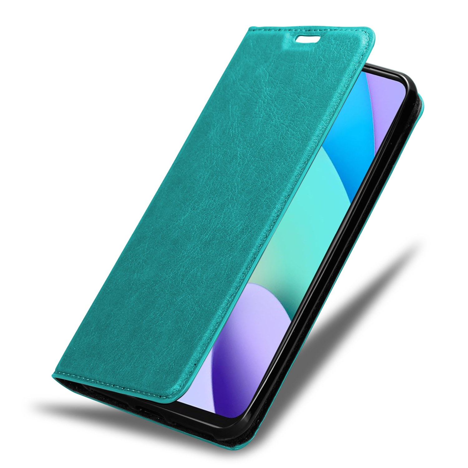 Custodia del telefono verde acqua aperta, che mostra lo schermo del telefono e i dettagli della custodia.
