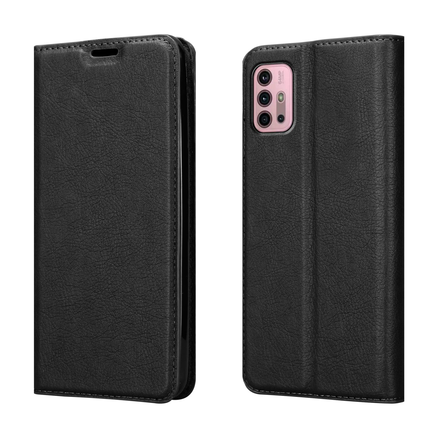 Schwarze Leder-Handyhülle, geöffnet und geschlossen, zeigt die Handykamera und ein schlankes Design.