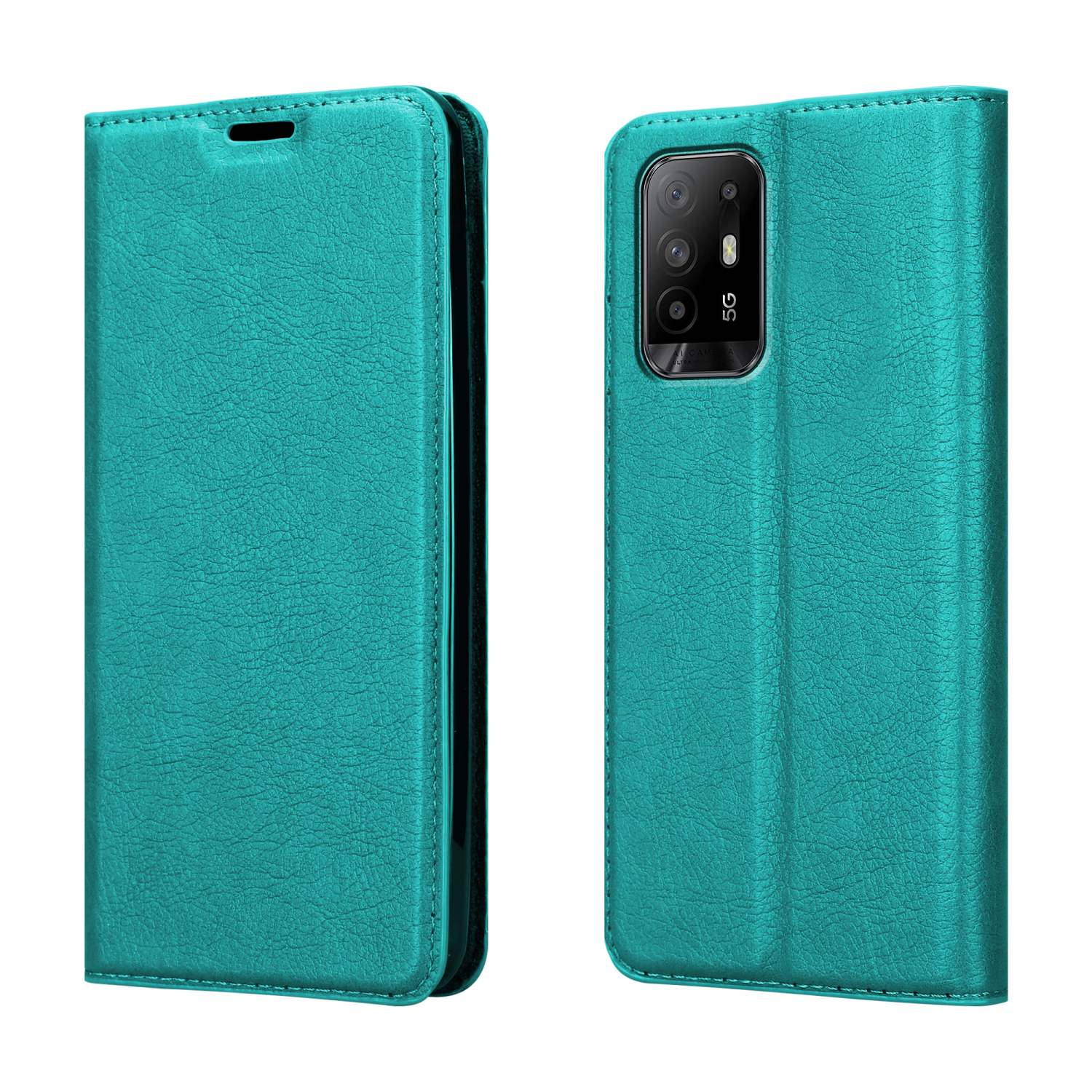Custodia per telefono verde acqua, fronte e retro, con telefono inserito, mostra il logo 5G.