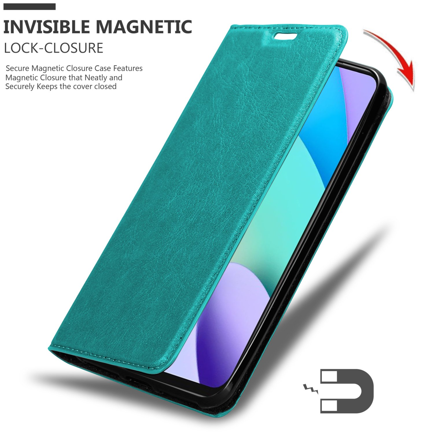 Custodia per telefono verde acqua con coperchio aperto. Un telefono è dentro. Icona calamita mostrata.