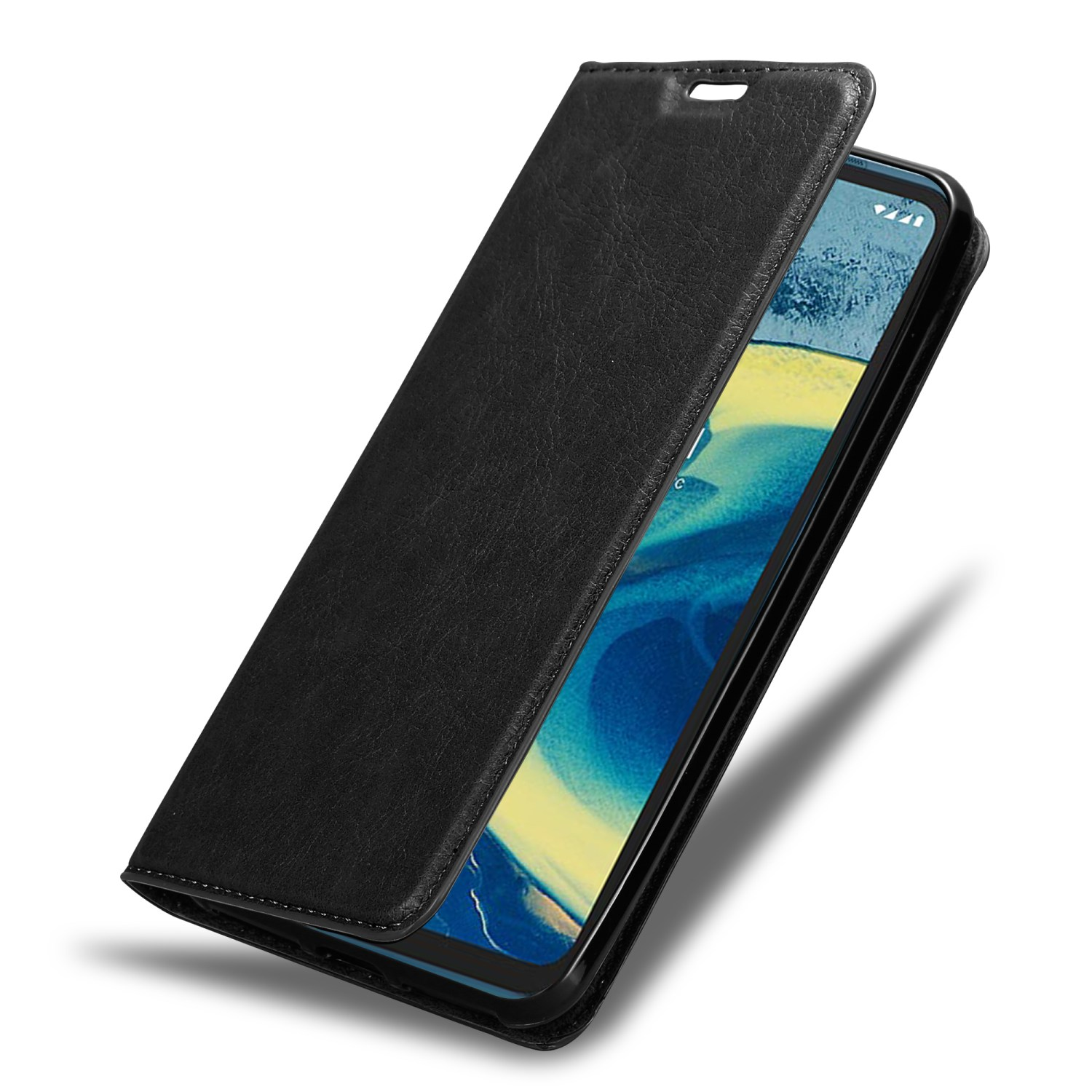 Custodia nera per telefono con coperchio aperto, che rivela lo schermo.
