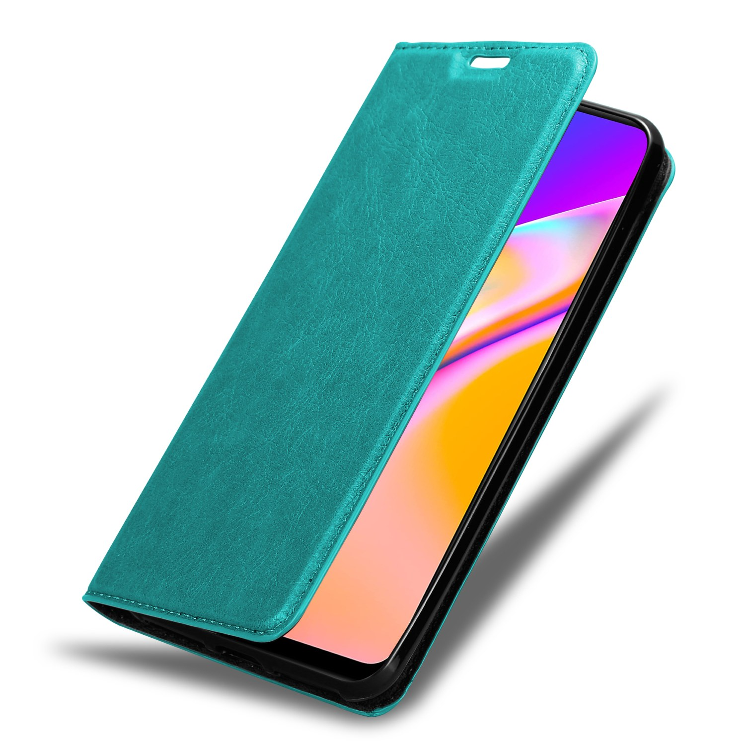 Custodia per telefono turchese con telefono all'interno. Ha una cover aperta. La custodia ha una sensazione strutturata.