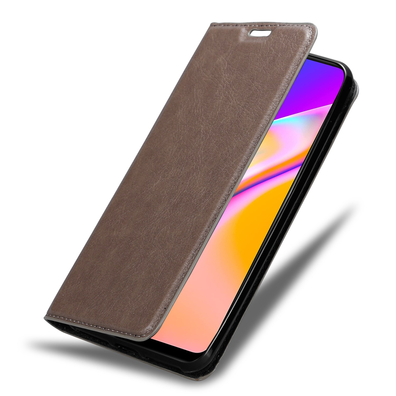 Braune Handyhülle, offen, zeigt das Telefon. Die Hülle ist geöffnet.