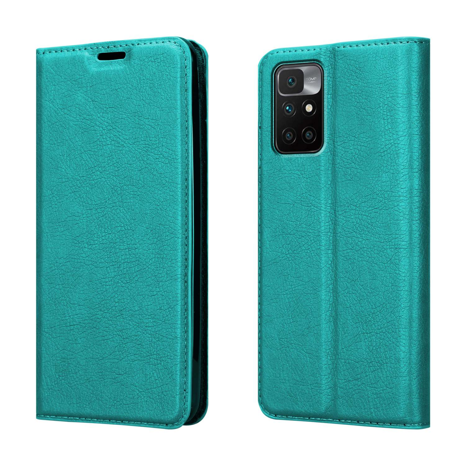 Custodia teal, chiusa e aperta, mostra il telefono all'interno. Stile portafoglio.