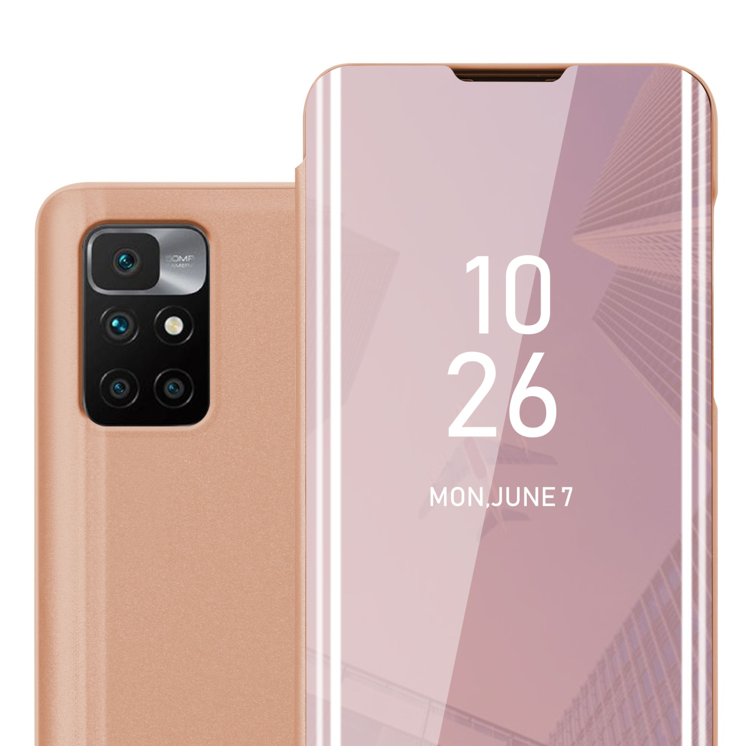 Custodia per telefono oro rosa aperta per rivelare uno schermo. La data viene visualizzata.