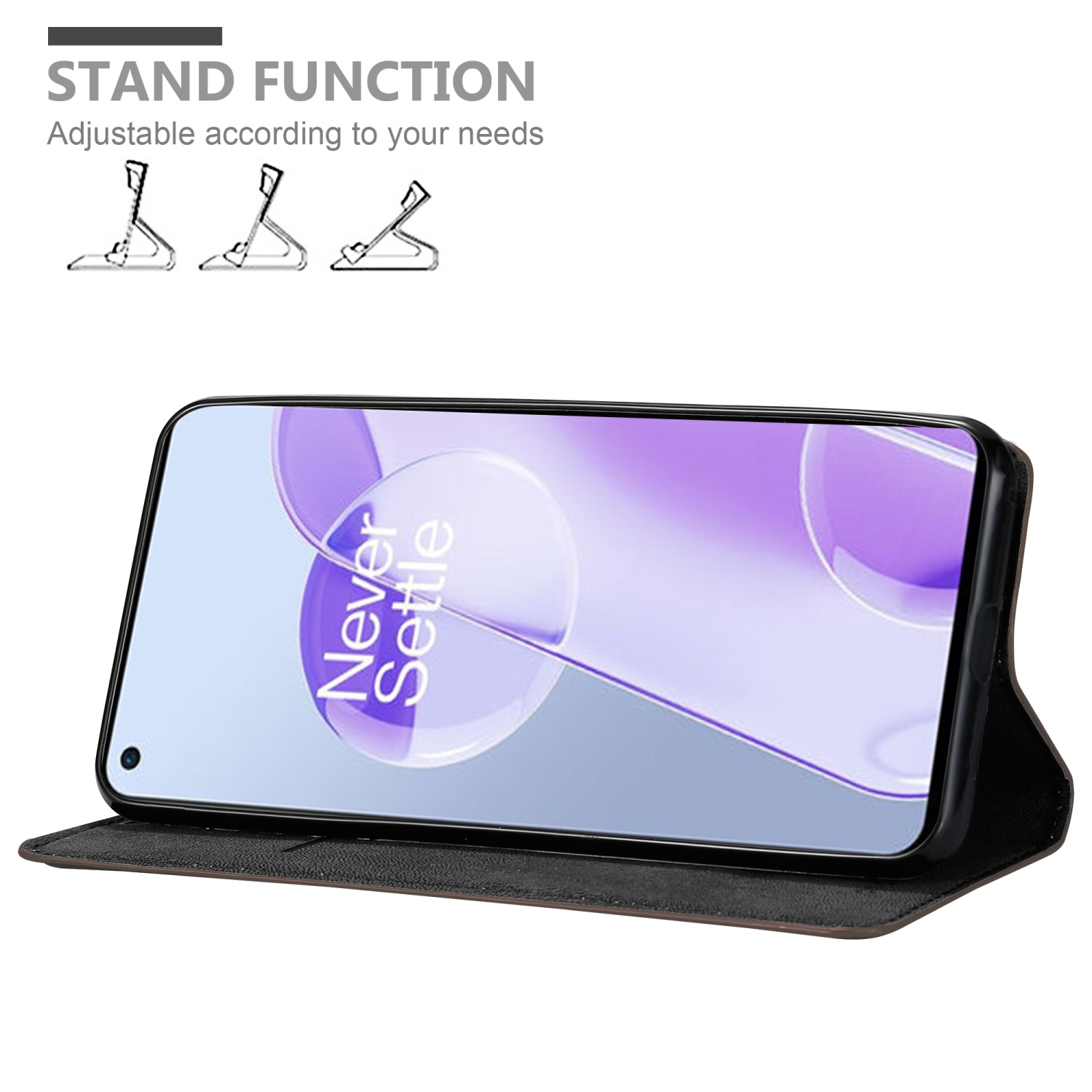 Telefon in einer Hülle mit Standfunktion, mit Text 'Never Settle'.
