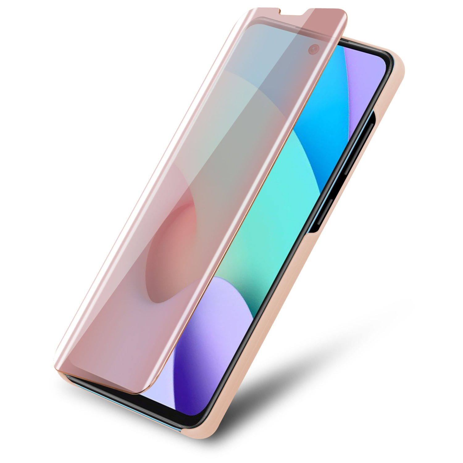 Una custodia per telefono oro rosa con protezione schermo. Telefono che mostra un motivo blu e viola.