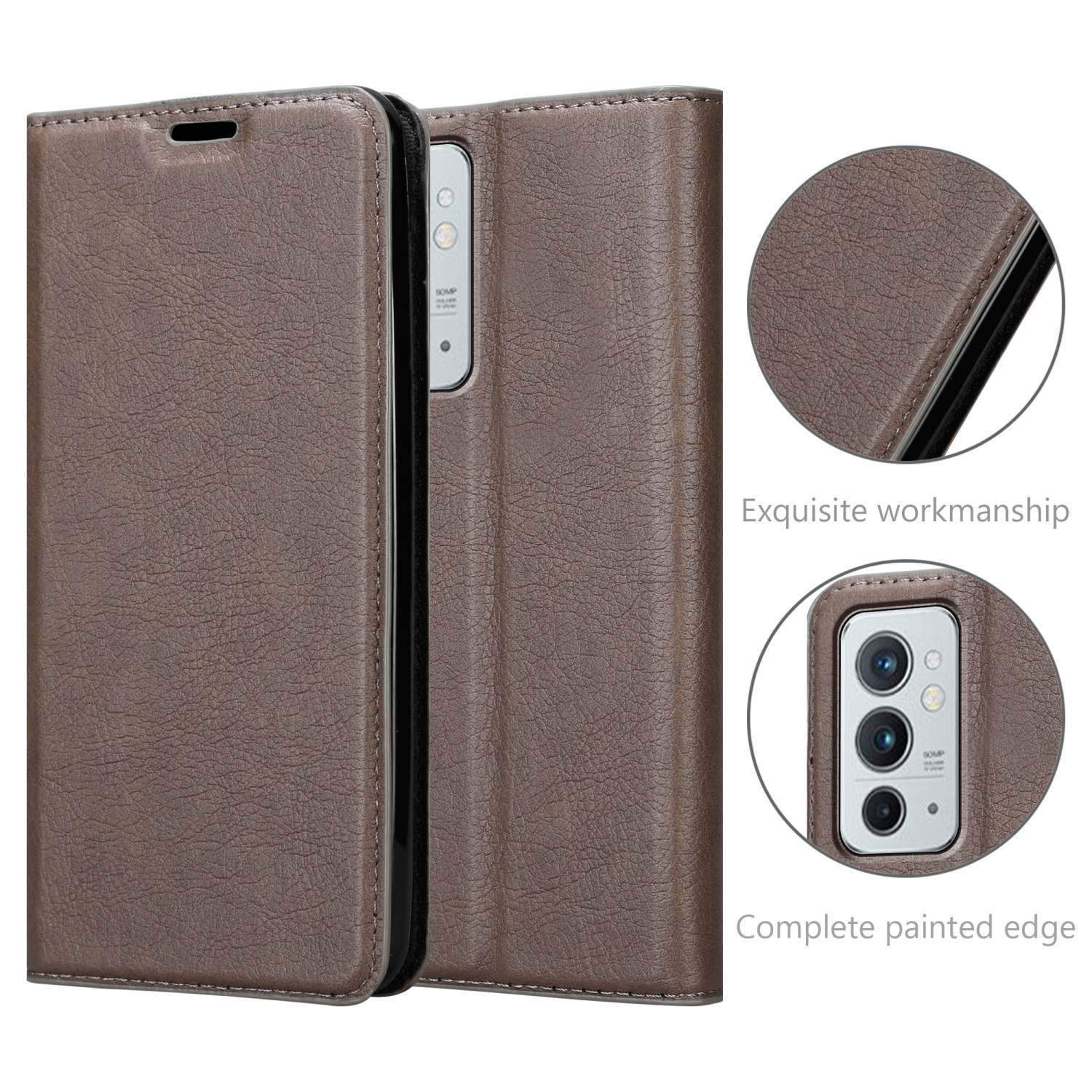 Eine braune Handyhülle im Buchstil, die ein Telefon und Details ihrer Verarbeitung mit dem Text 'Exquisite Verarbeitung' zeigt.