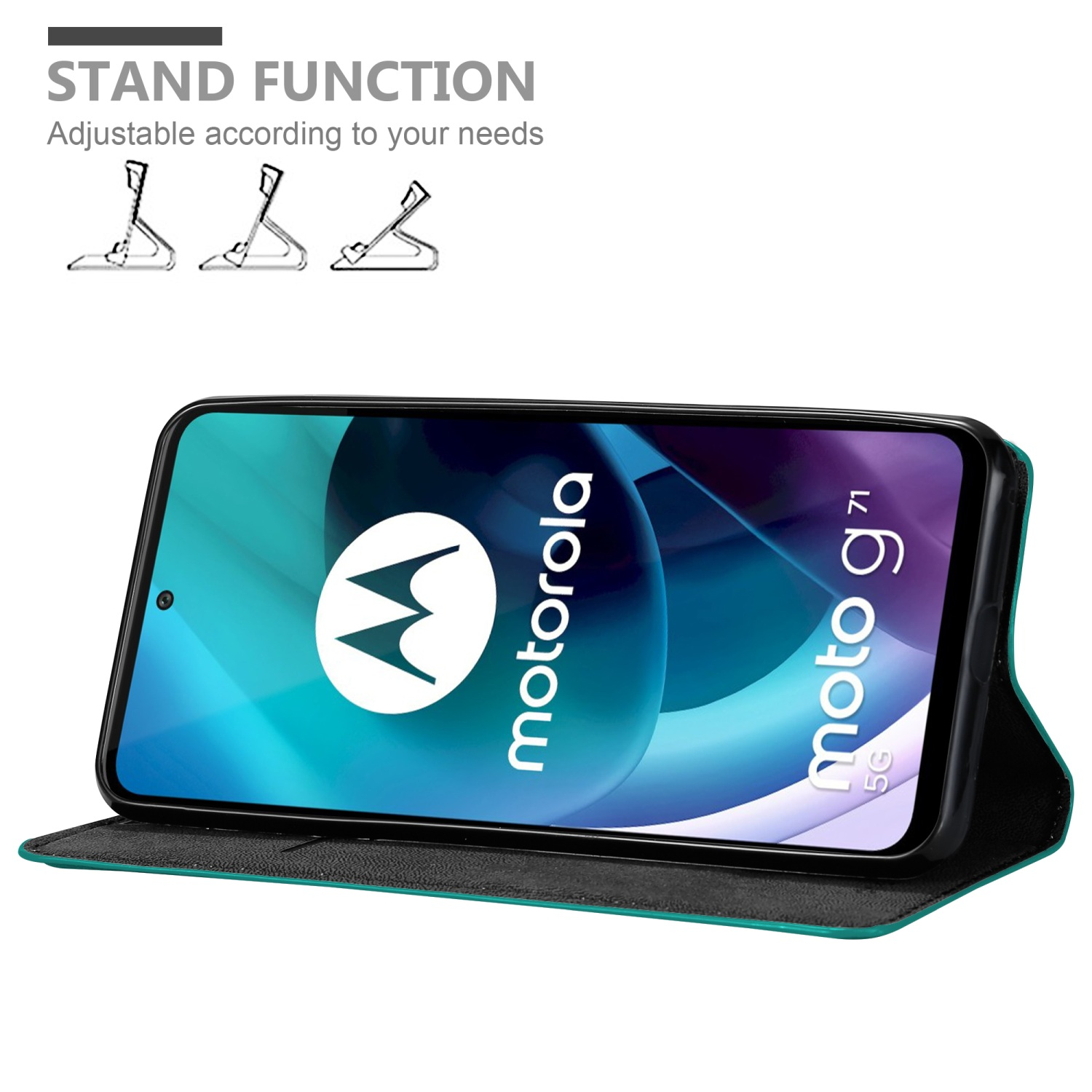Telefono Motorola in custodia verde acqua, aperto. Funzione supporto mostrata con diagrammi.