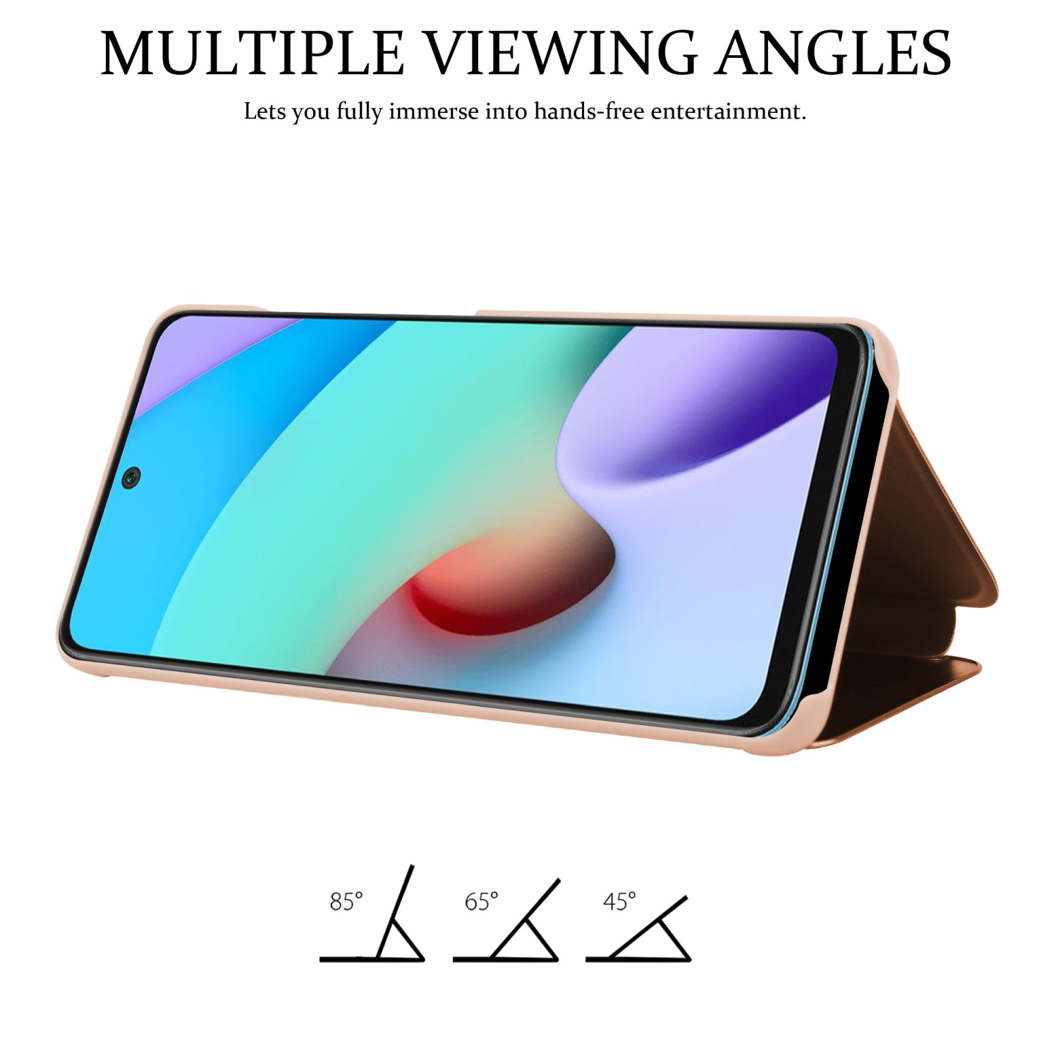 Una custodia per telefono è aperta, appoggiata, mostrando uno schermo del telefono. Sono mostrati gli angoli di visualizzazione.