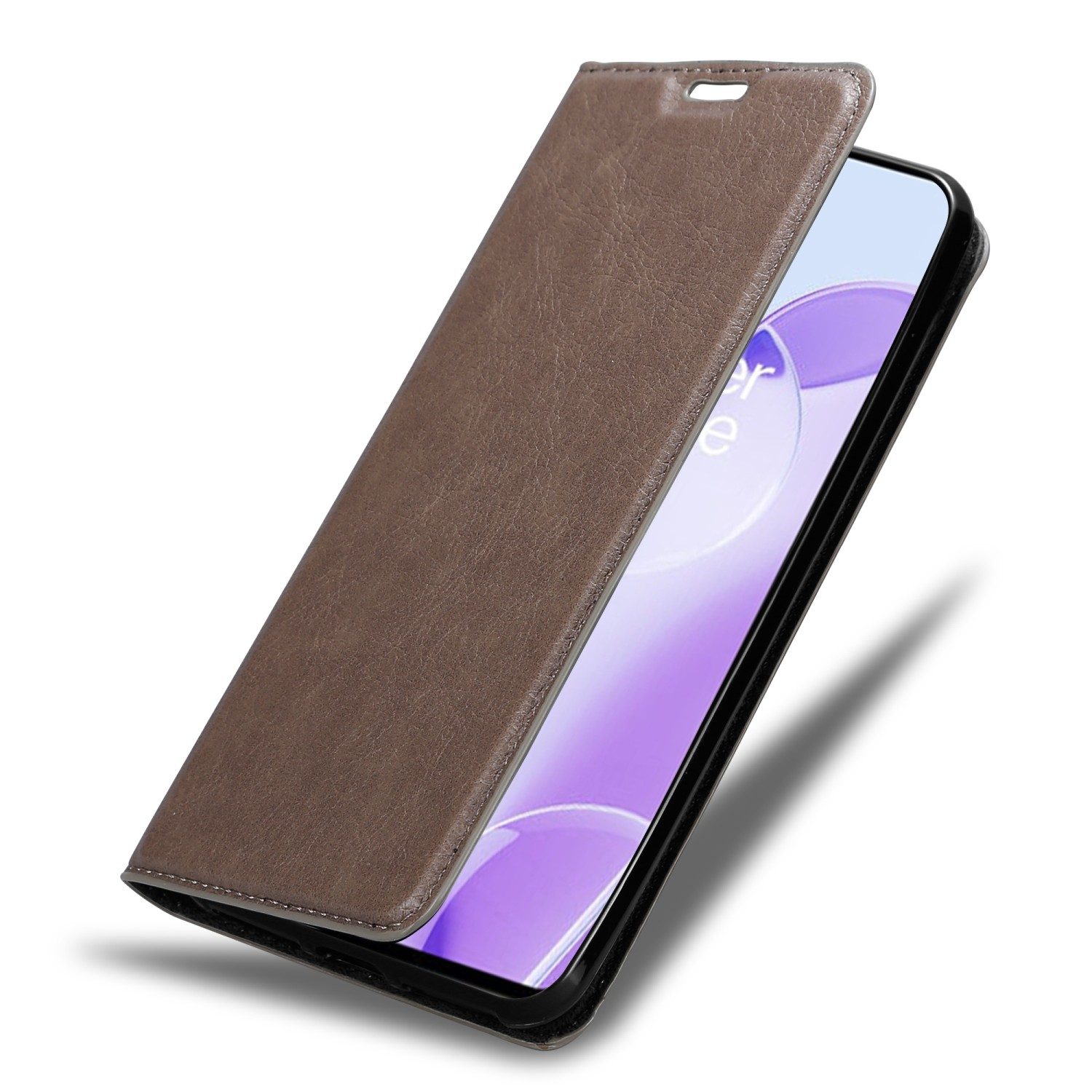 Geöffnete braune Handyhülle, die ein Telefon zeigt. Die Handyhülle ist braun.