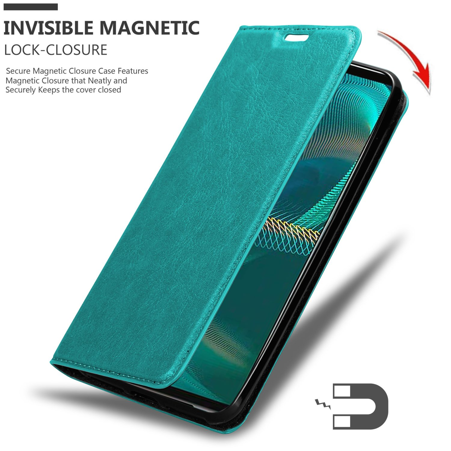 Custodia del telefono turchese aperta, telefono all'interno, con simbolo del magnete. Testo: 'Chiusura magnetica invisibile'.