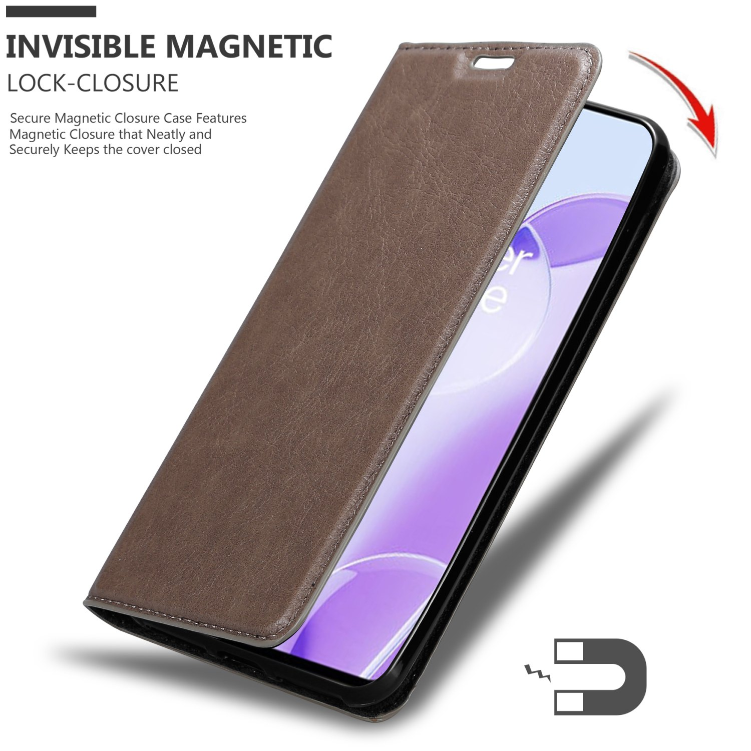 Eine braune Leder-Geldbörsenhülle mit offenem Deckel, zeigt ein Telefon und ein Magnetverschluss-Symbol.