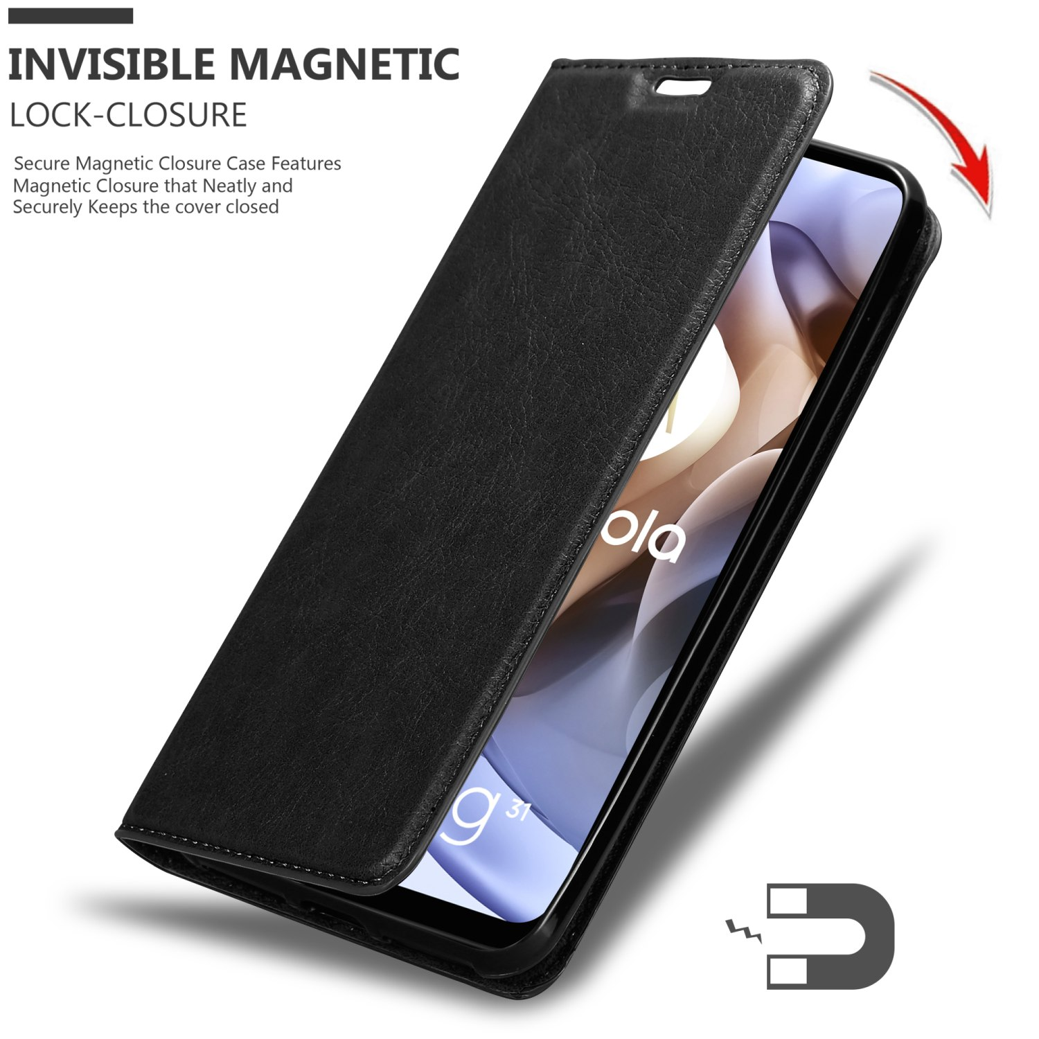 Custodia per telefono nera, aperta che mostra un telefono. Chiusura magnetica, con un simbolo di calamita.