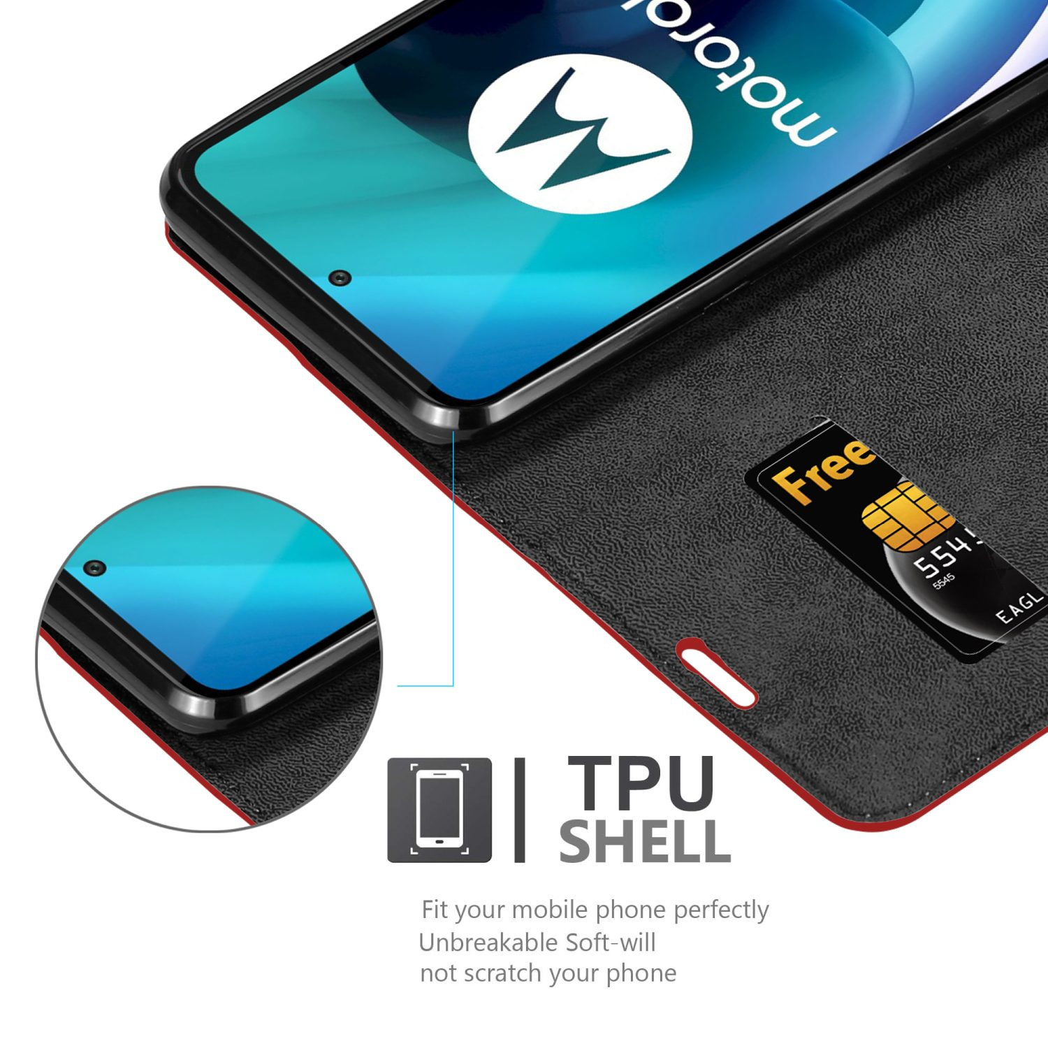Una custodia per telefono con carta di credito. Il telefono mostra uno schermo. C'è un guscio in TPU.