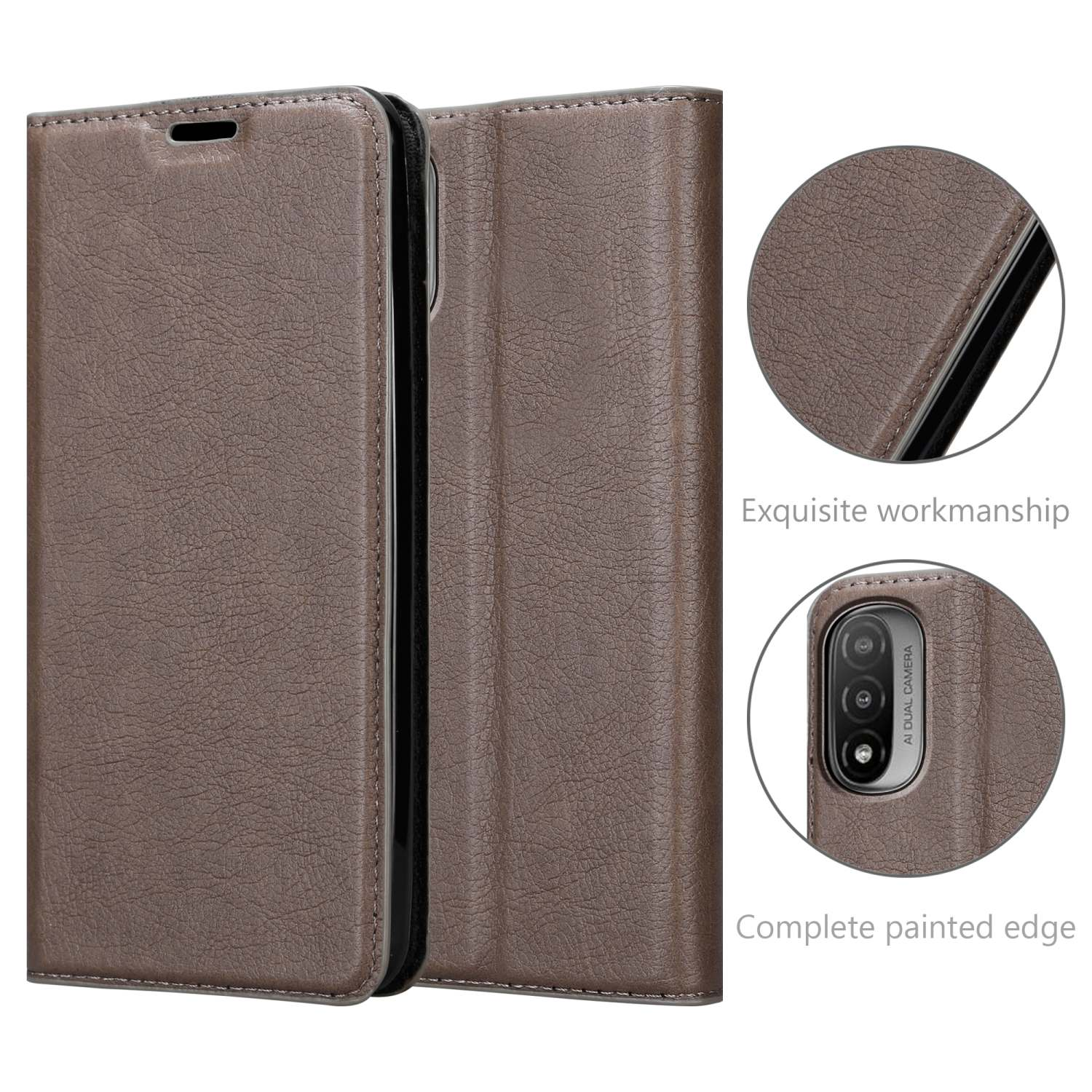 Custodia per telefono marrone con chiusura magnetica.