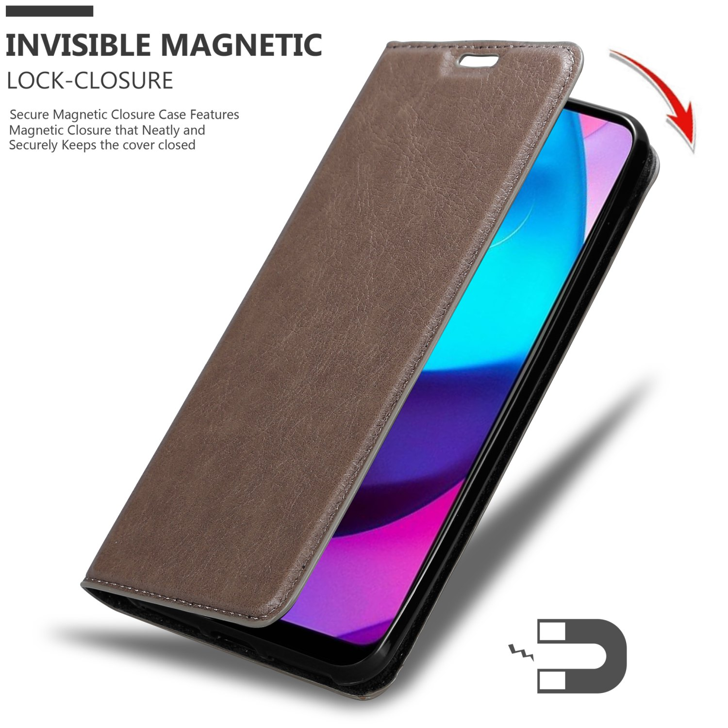 Una custodia in pelle marrone, aperta, che rivela uno schermo blu. Un simbolo di magnete in basso a destra.