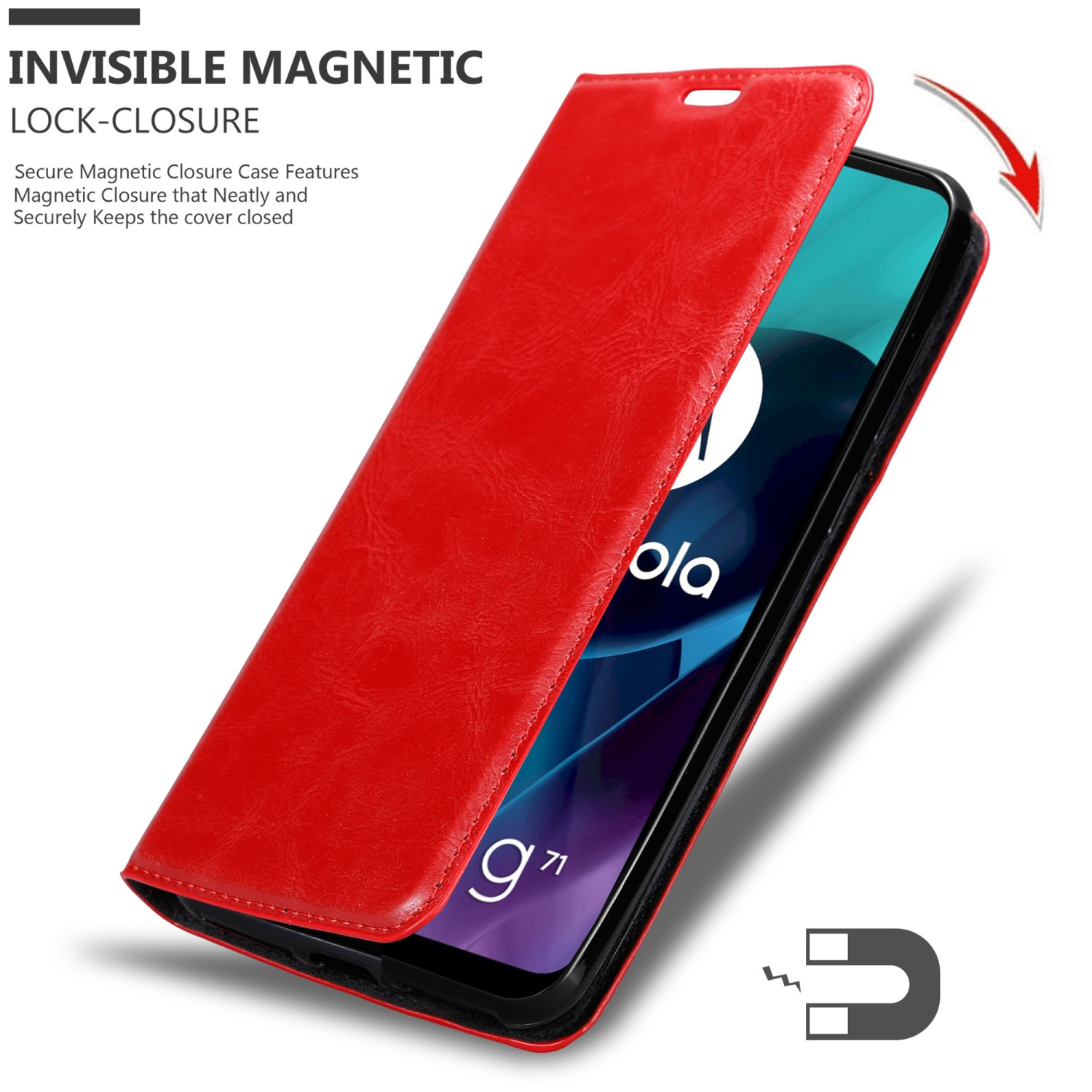 Custodia rossa per telefono aperta, che rivela il telefono. Ha una chiusura magnetica.
