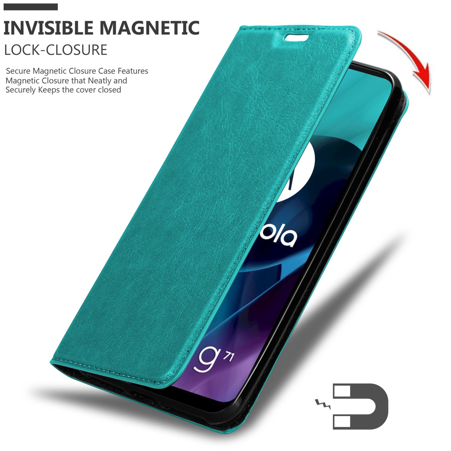 Una custodia per telefono turchese con chiusura magnetica e un telefono all'interno.