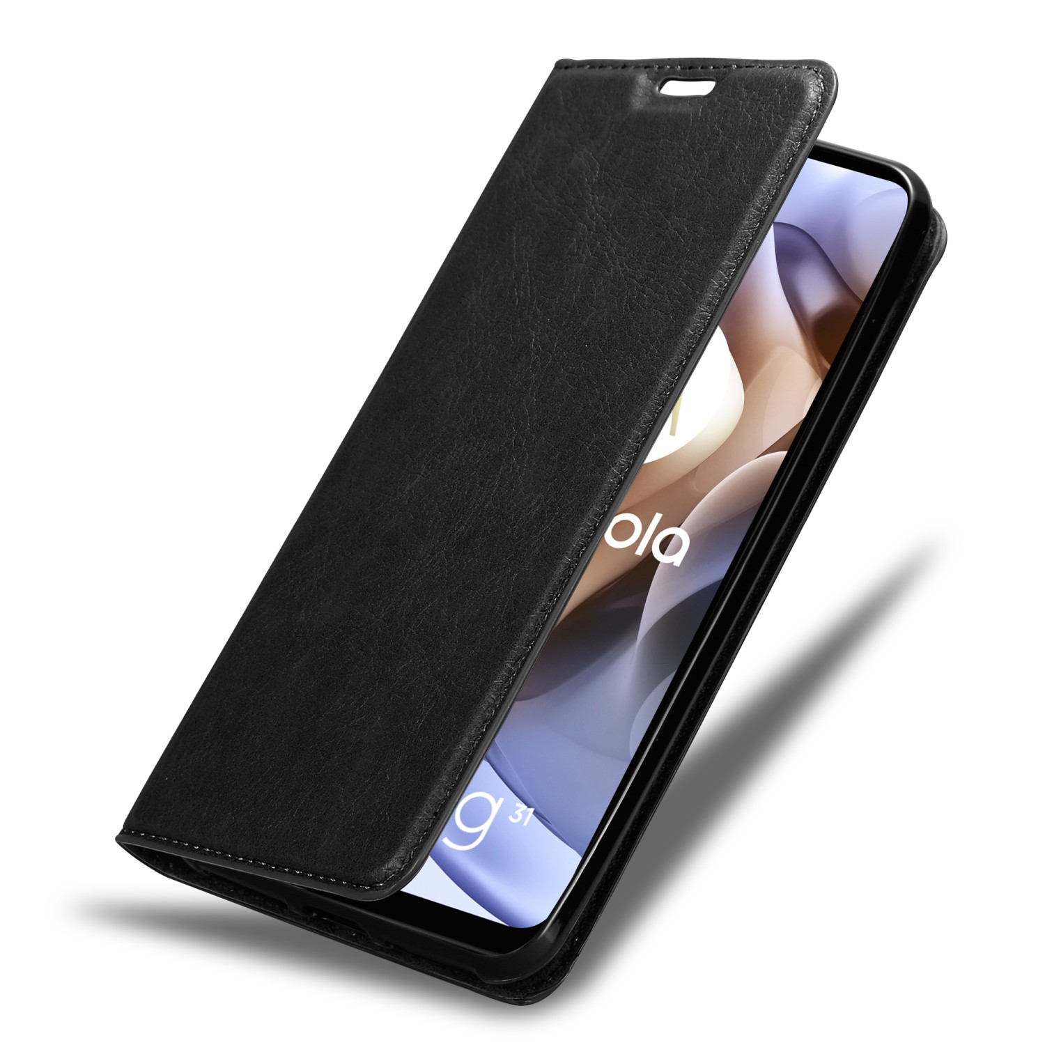Una custodia per telefono nera, aperta, che rivela uno schermo del telefono con il logo Motorola.