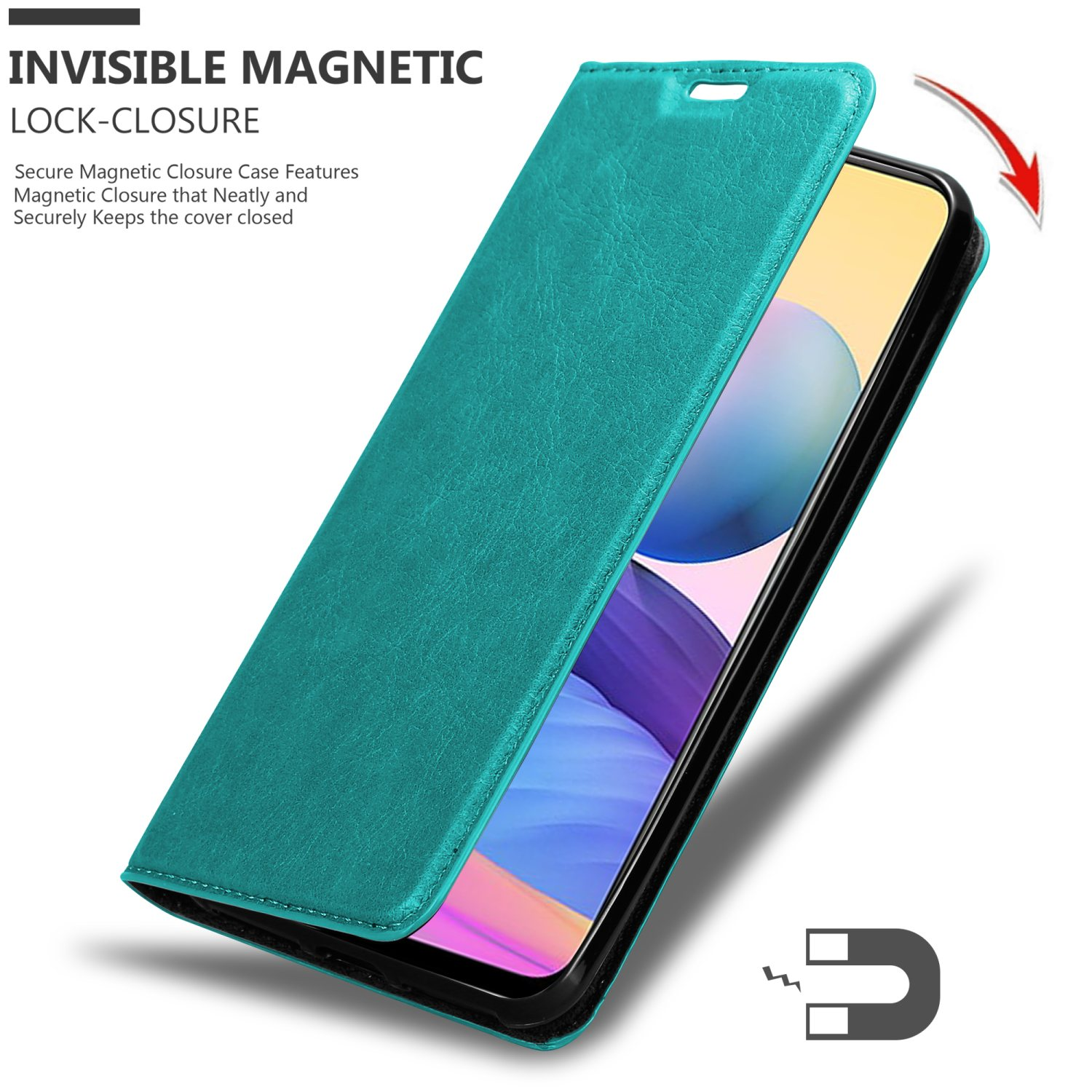 Custodia teal con chiusura magnetica. Custodia aperta con telefono dentro.