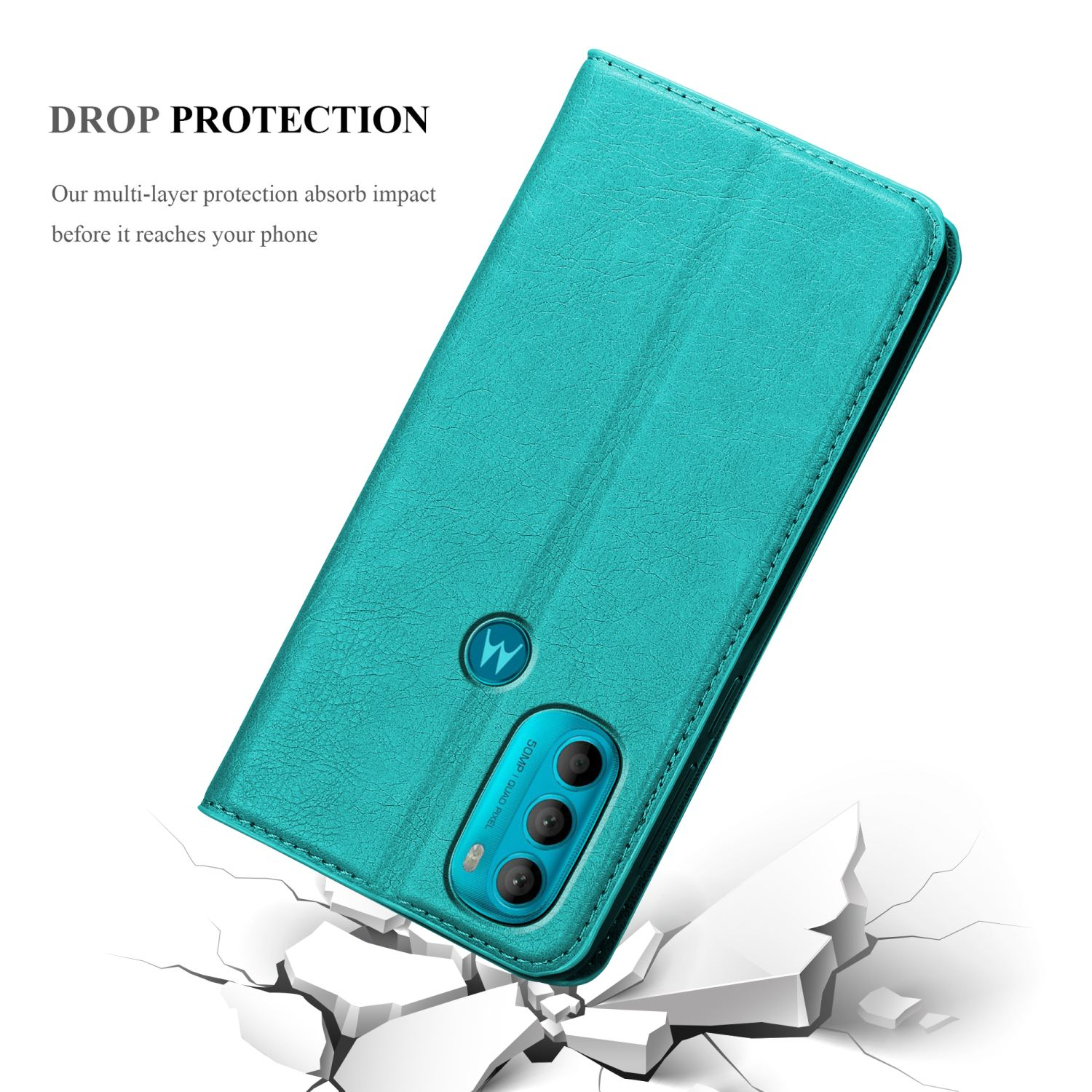 Custodia per telefono color verde acqua con telefono. Sfondo bianco. La custodia è parzialmente aperta, mostrando la fotocamera del telefono.
