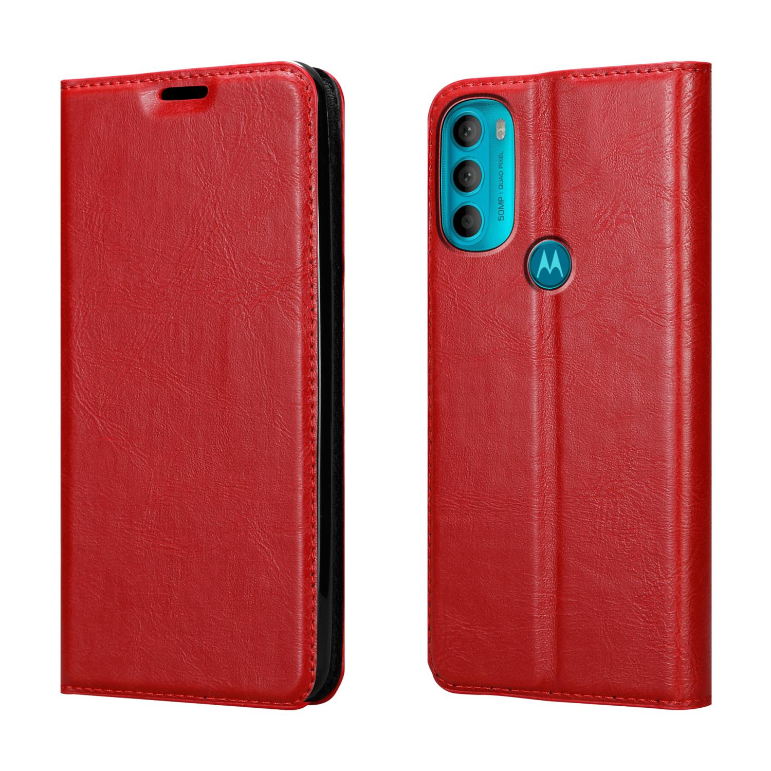 Custodia rossa per telefono, chiusa a sinistra, aperta a destra, con fotocamera.