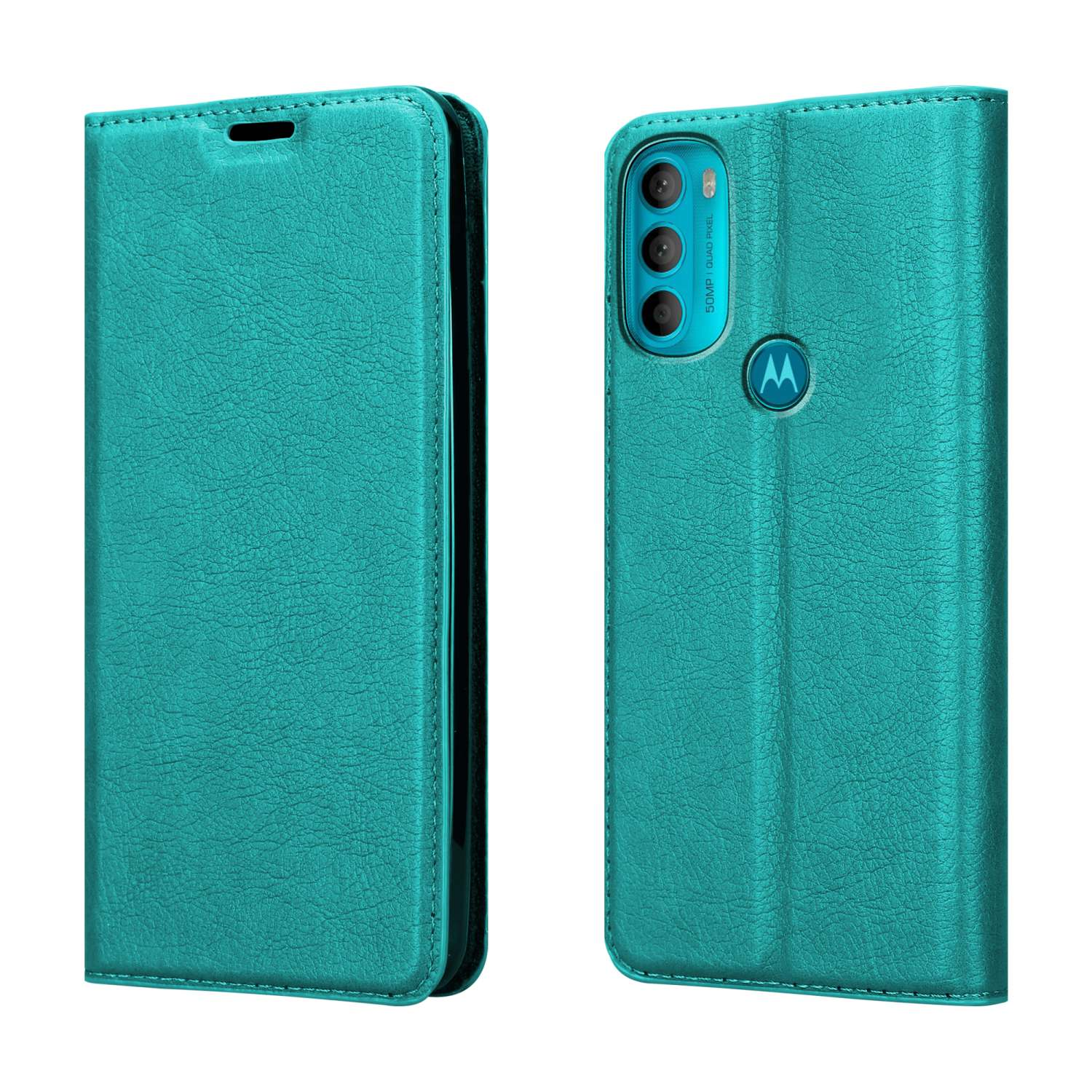 Custodia per telefono rosa, stile portafoglio, con fessure per carte e banconote. Telefono visibile.
