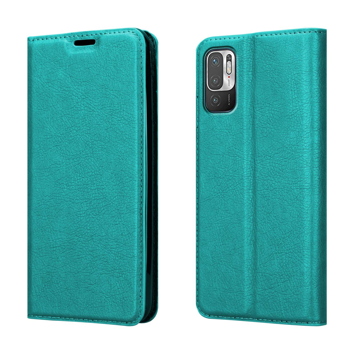 Una custodia per telefono verde acqua, aperta, che mostra un telefono e la sua fotocamera.